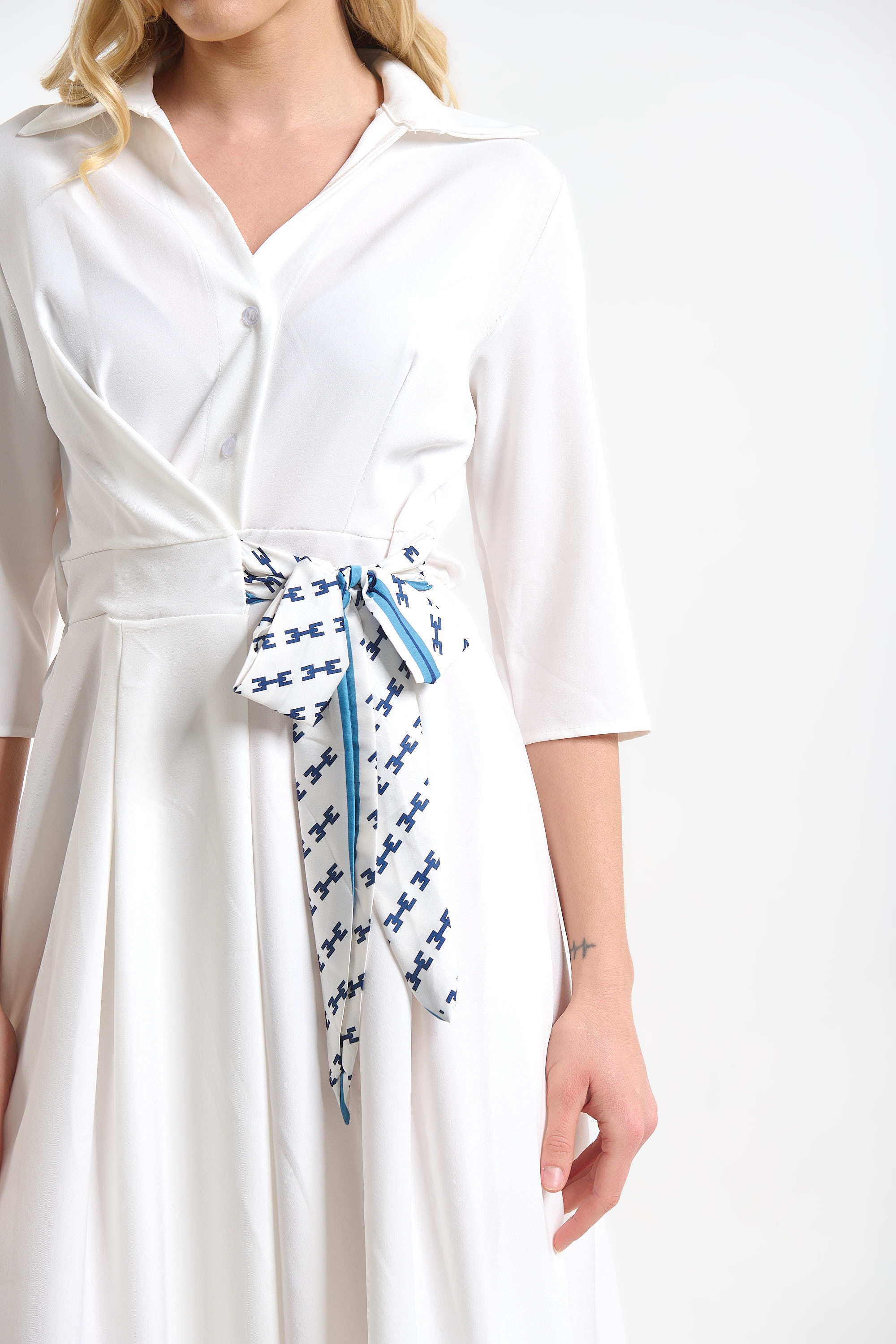Dress with 3/4 Sleeves & Side Tie Floral Scarf for Women