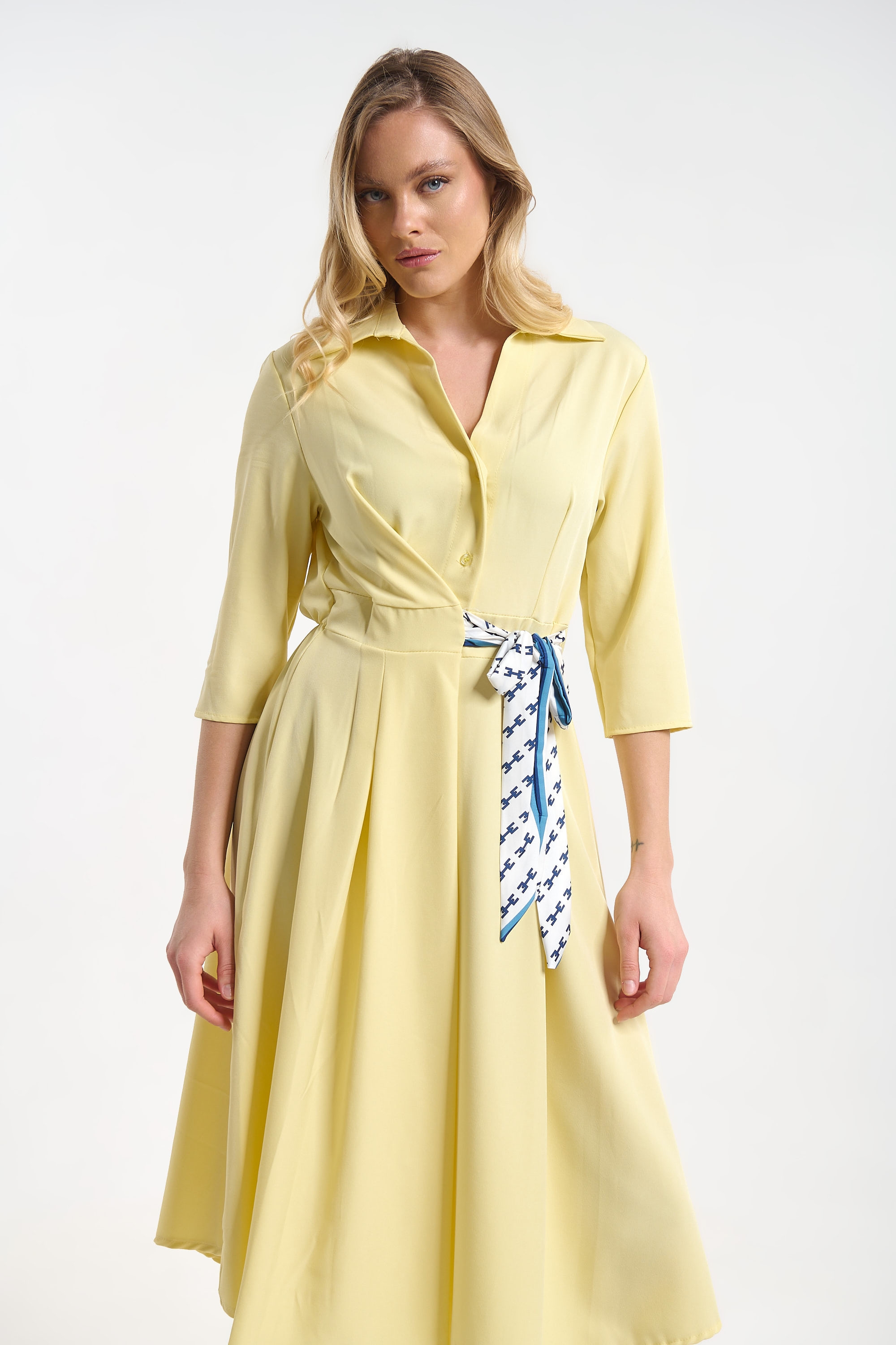 Dress with 3/4 Sleeves & Side Tie Floral Scarf for Women