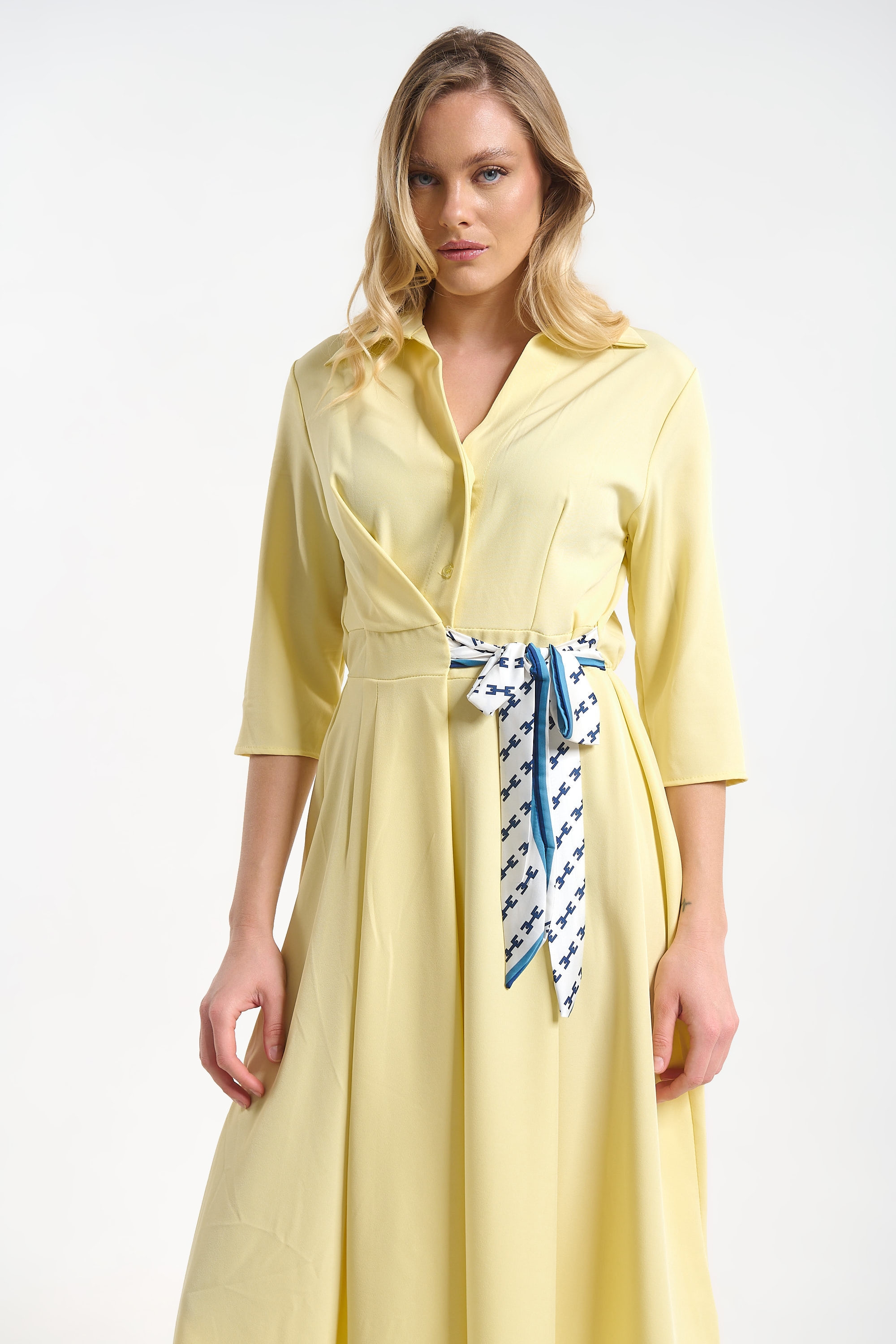 Dress with 3/4 Sleeves & Side Tie Floral Scarf for Women