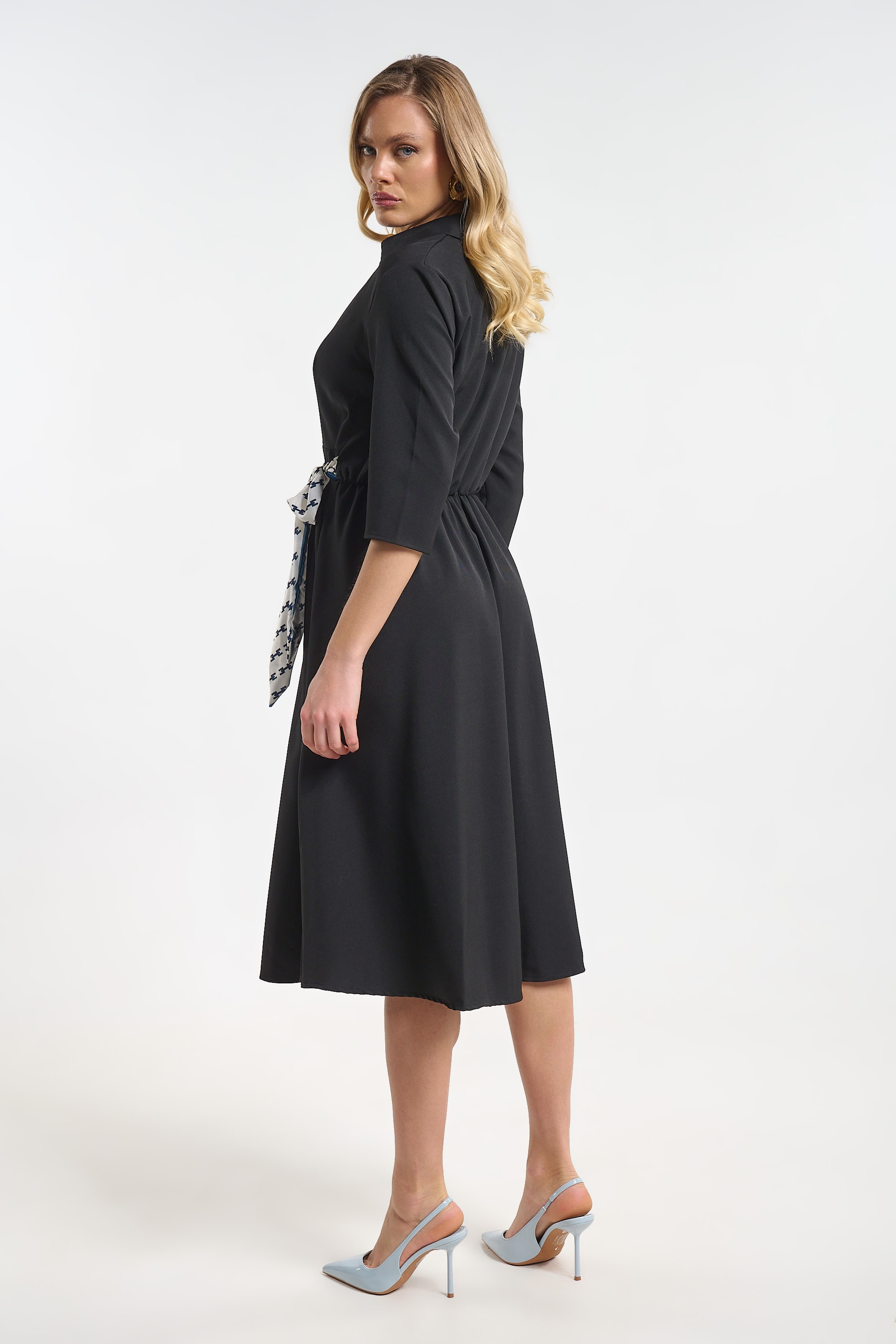 Dress with 3/4 Sleeves & Side Tie Floral Scarf for Women
