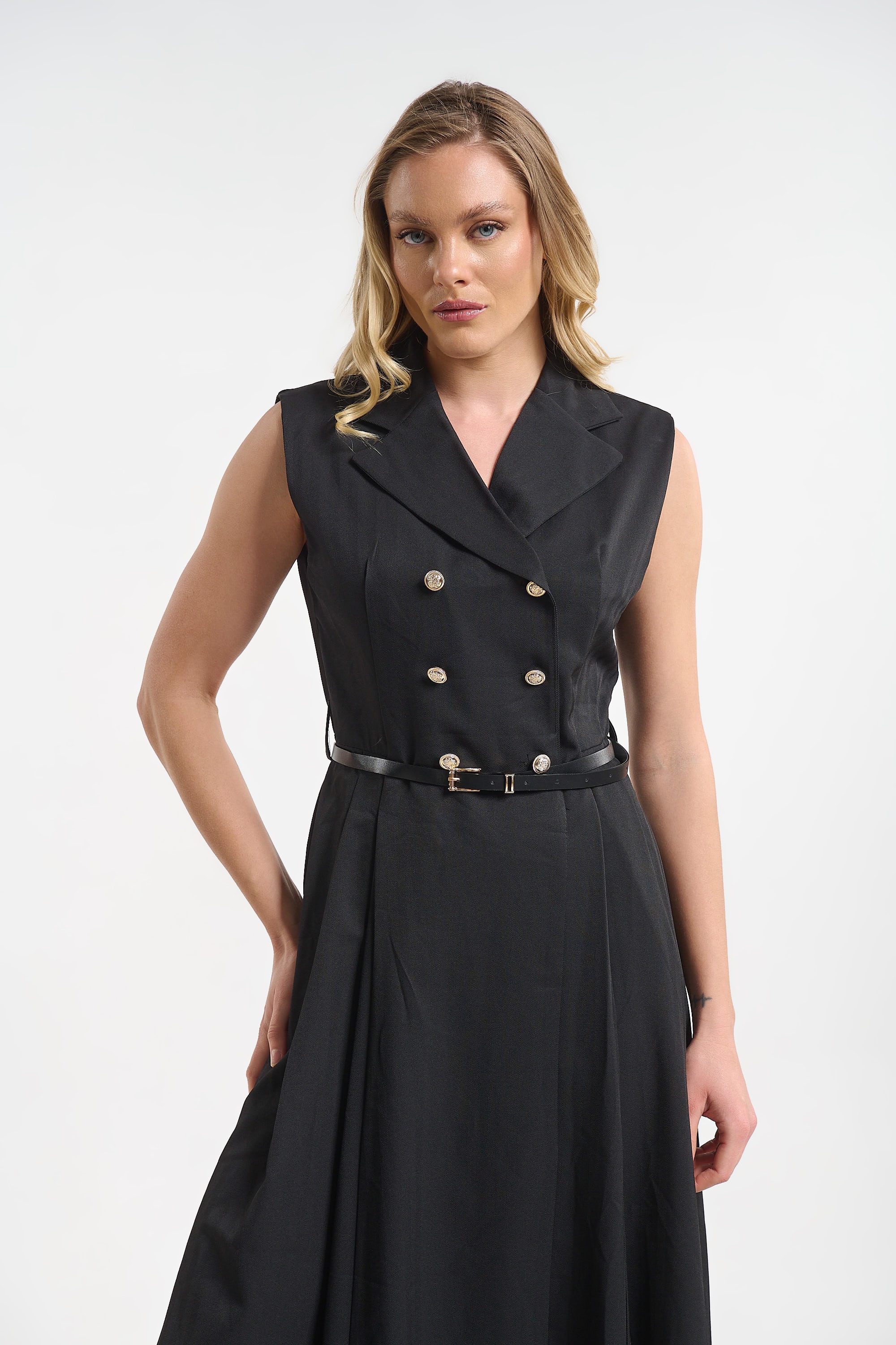 Long Sleeveless Wrap Dress with Buttons for Women