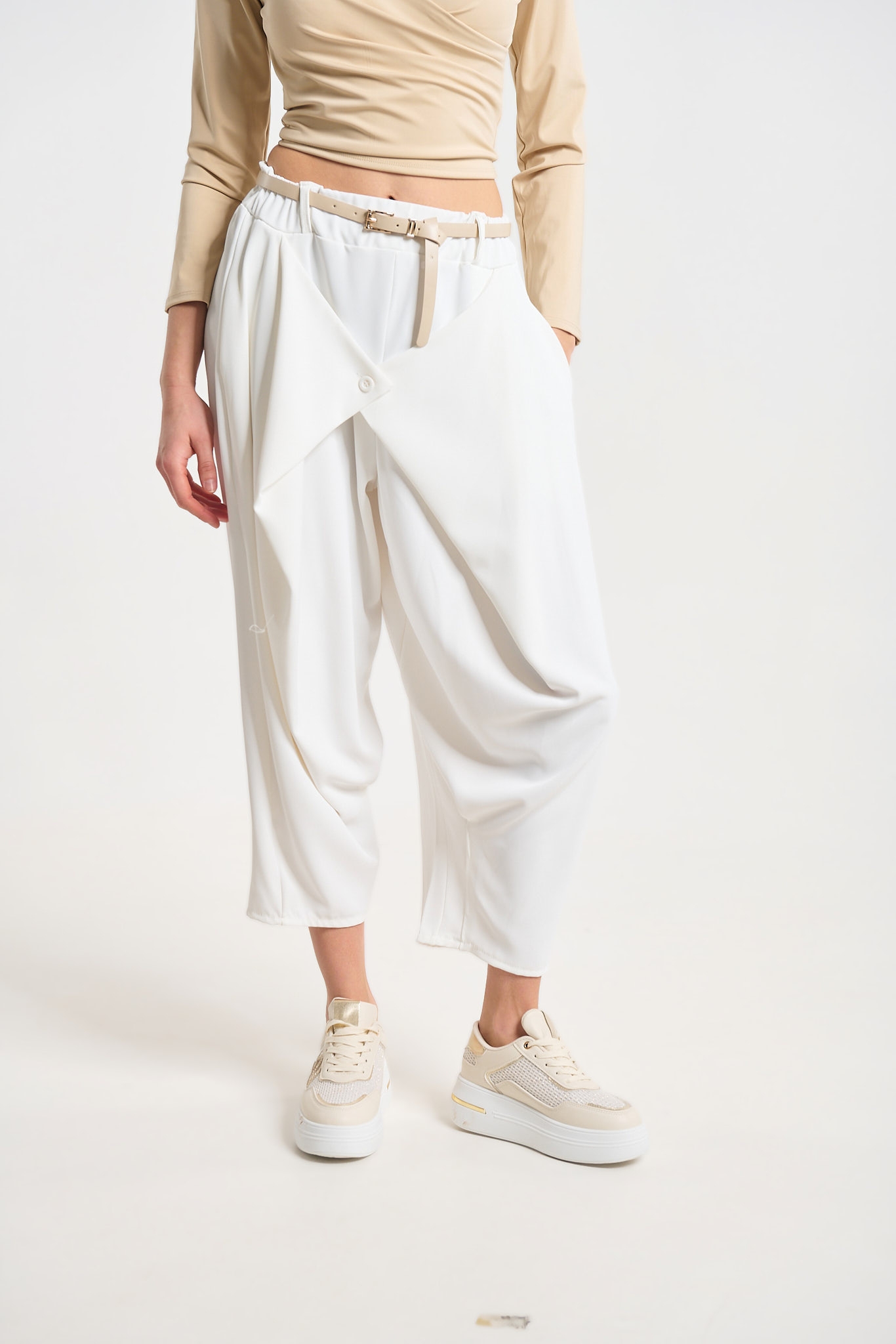 Women’s Beige Harem Pants with Belt & Asymmetric Front