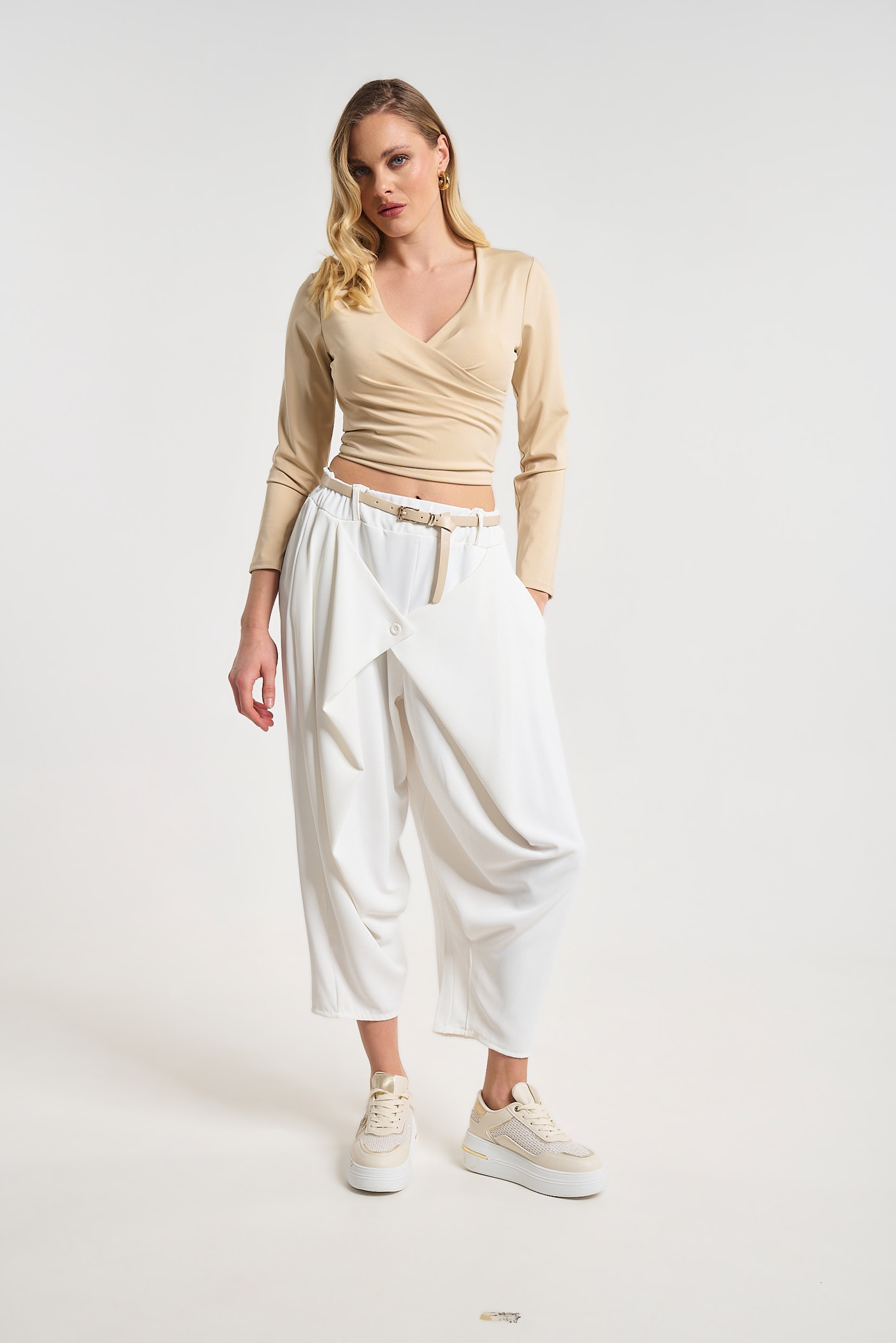 Women’s Beige Harem Pants with Belt & Asymmetric Front