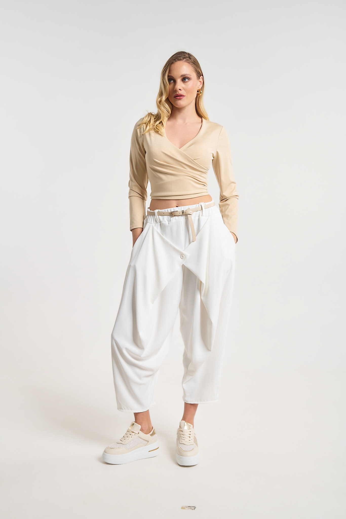 Women’s Beige Harem Pants with Belt & Asymmetric Front