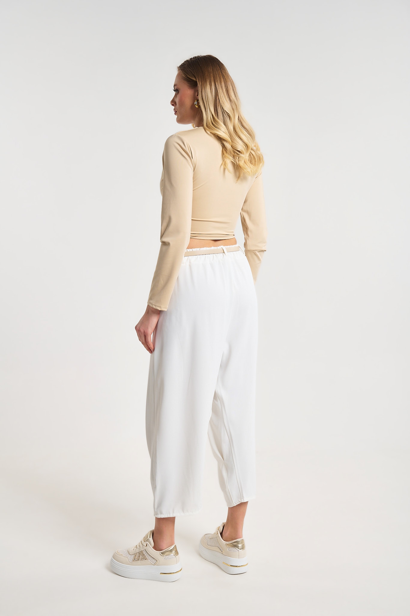 Women’s Beige Harem Pants with Belt & Asymmetric Front