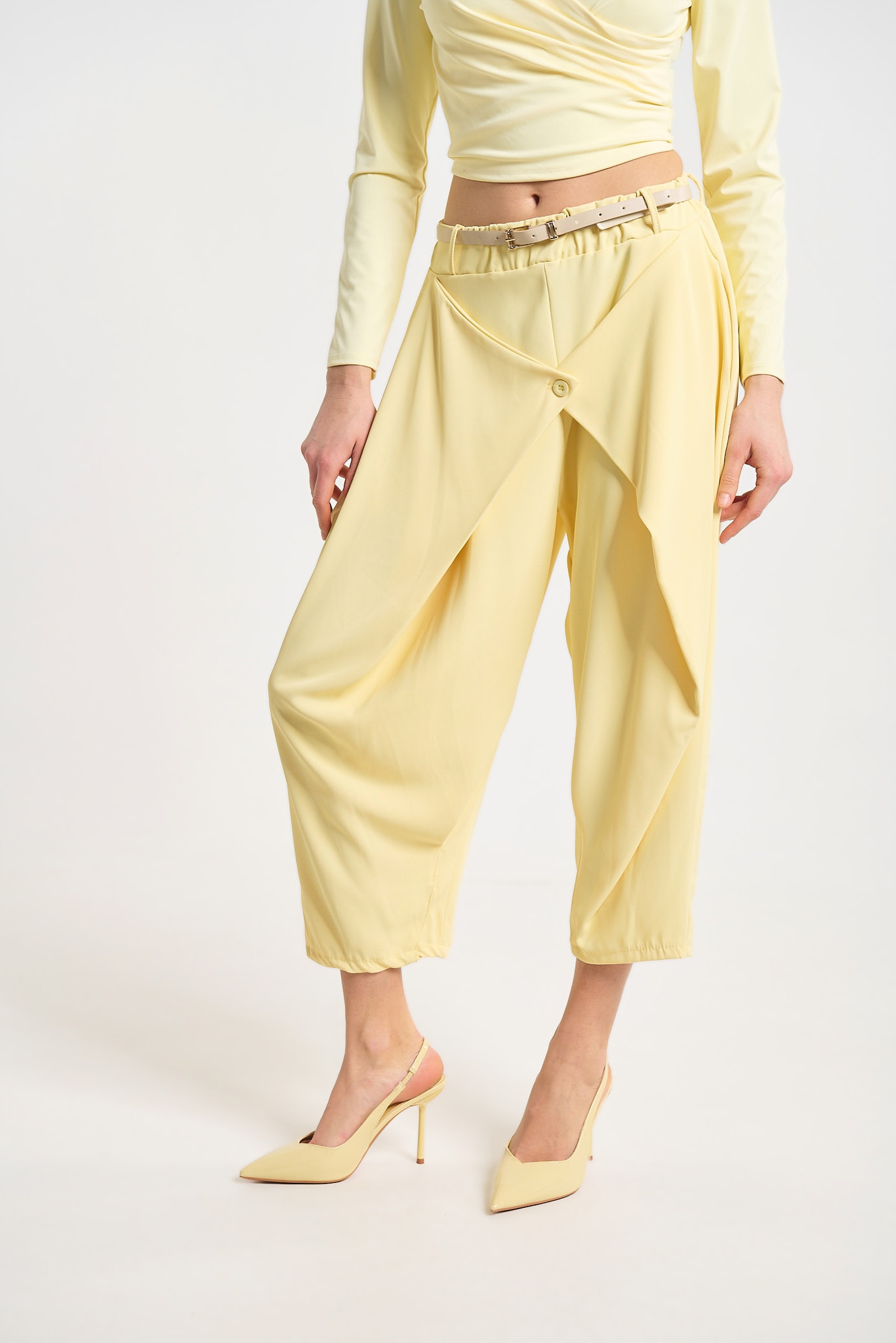 Women’s Beige Harem Pants with Belt & Asymmetric Front