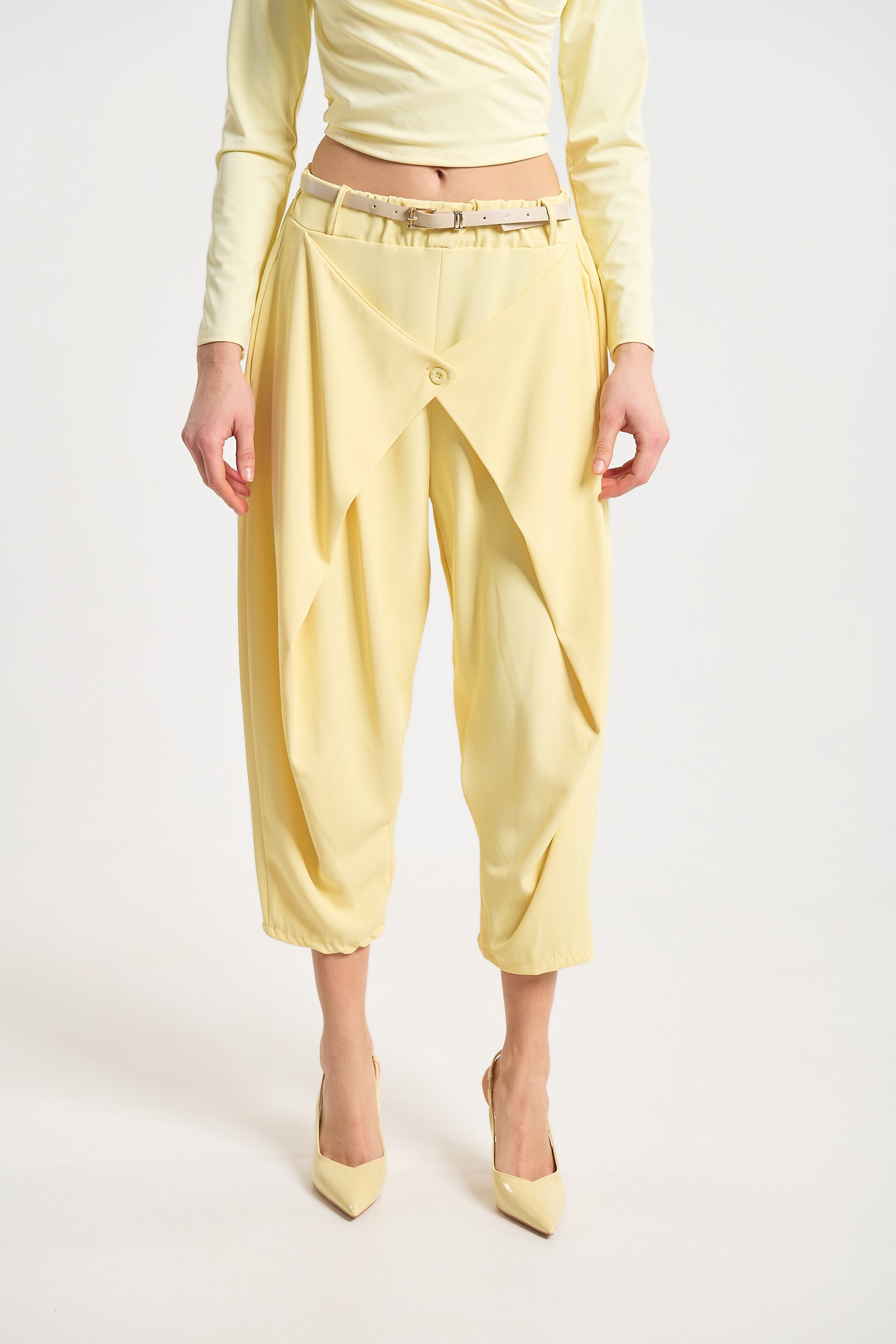 Women’s Beige Harem Pants with Belt & Asymmetric Front