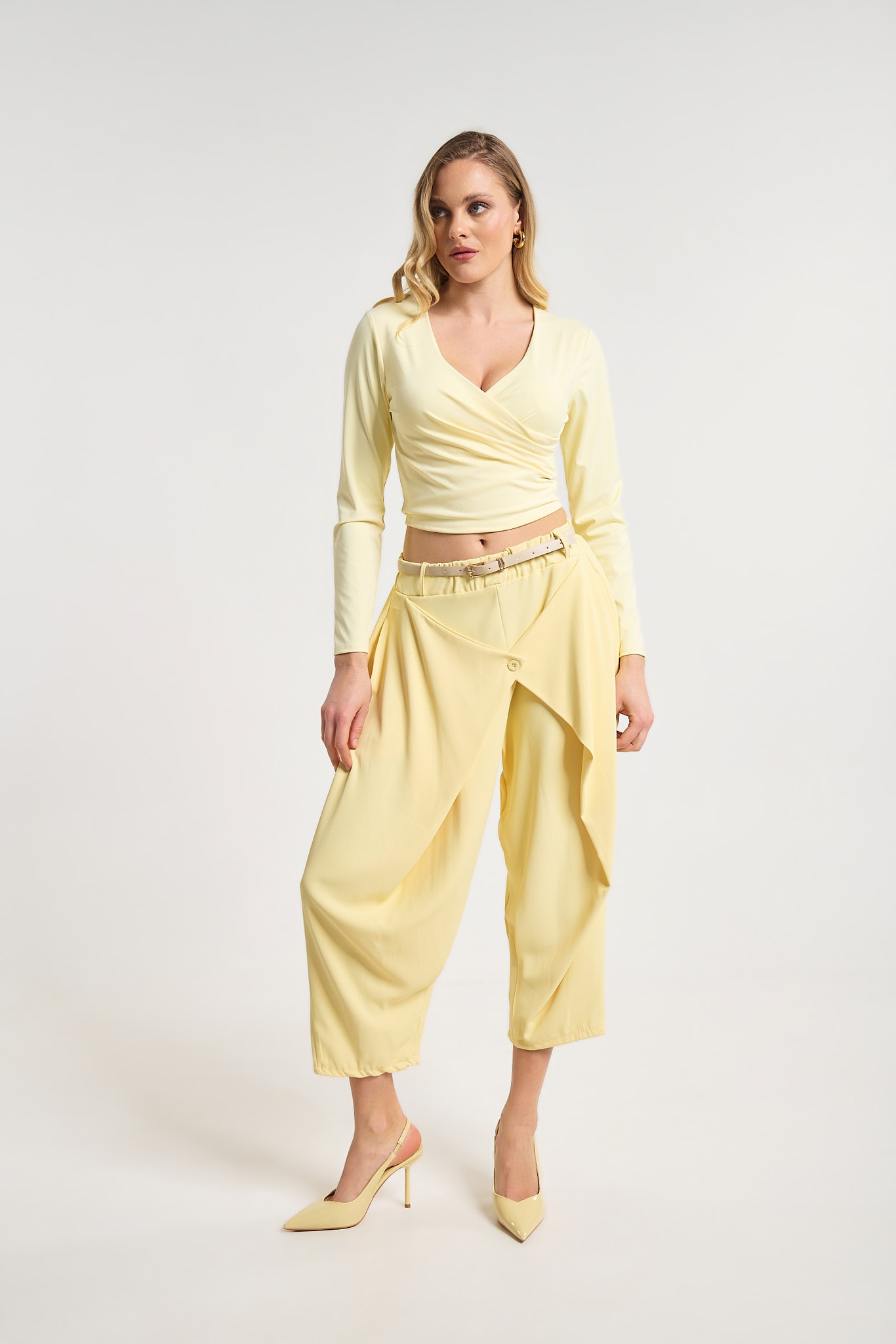 Women’s Beige Harem Pants with Belt & Asymmetric Front
