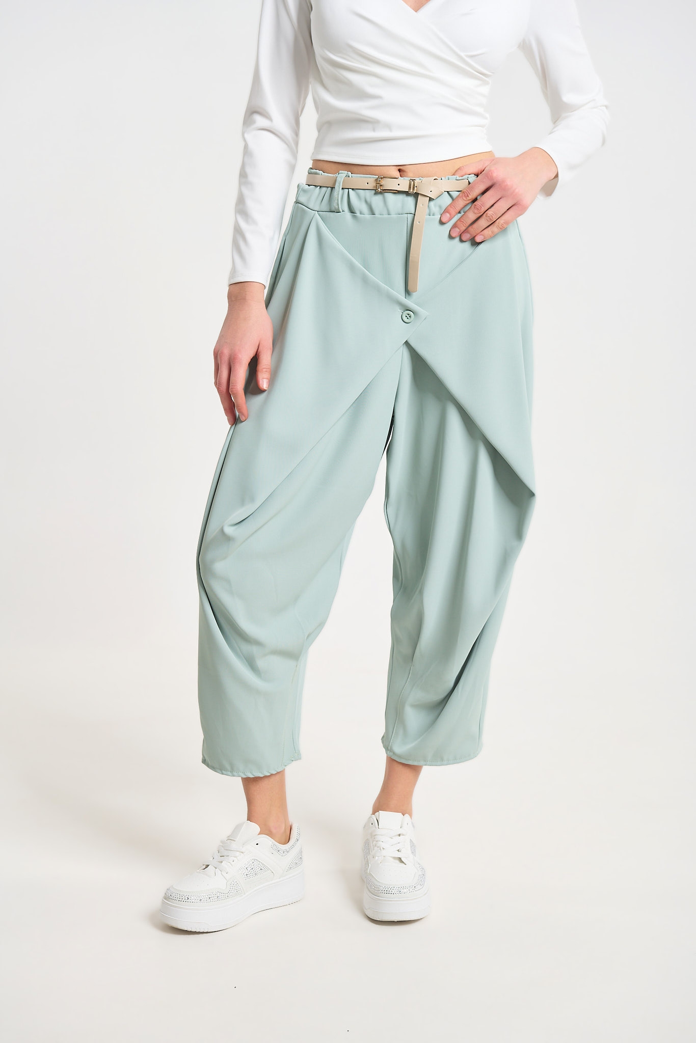 Women’s Beige Harem Pants with Belt & Asymmetric Front