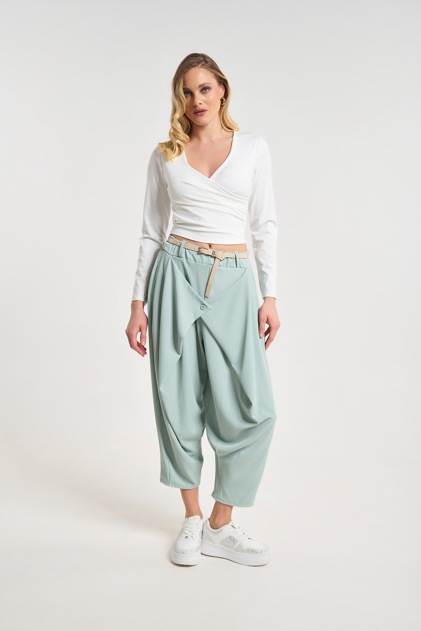 Women’s Beige Harem Pants with Belt & Asymmetric Front