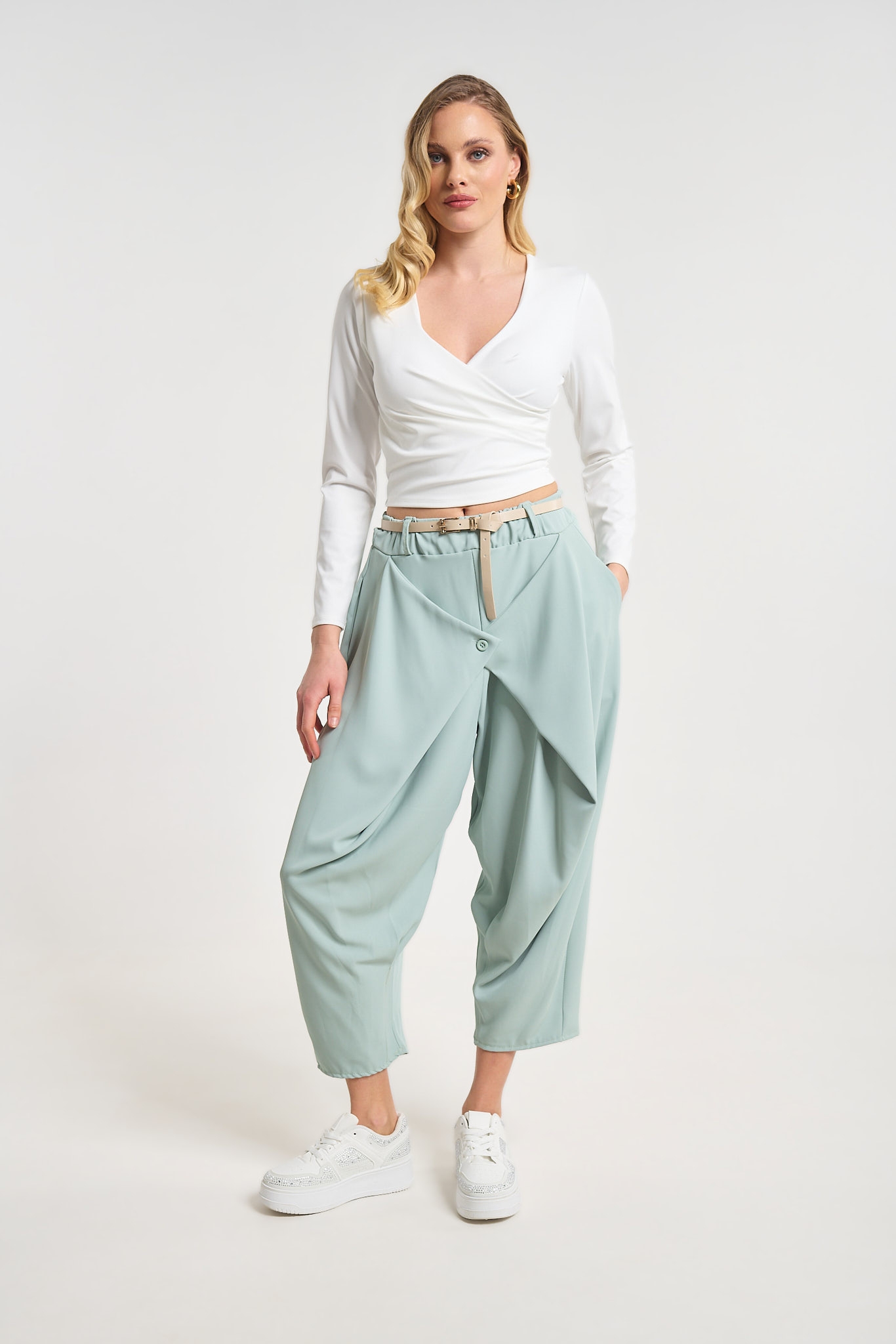 Women’s Beige Harem Pants with Belt & Asymmetric Front