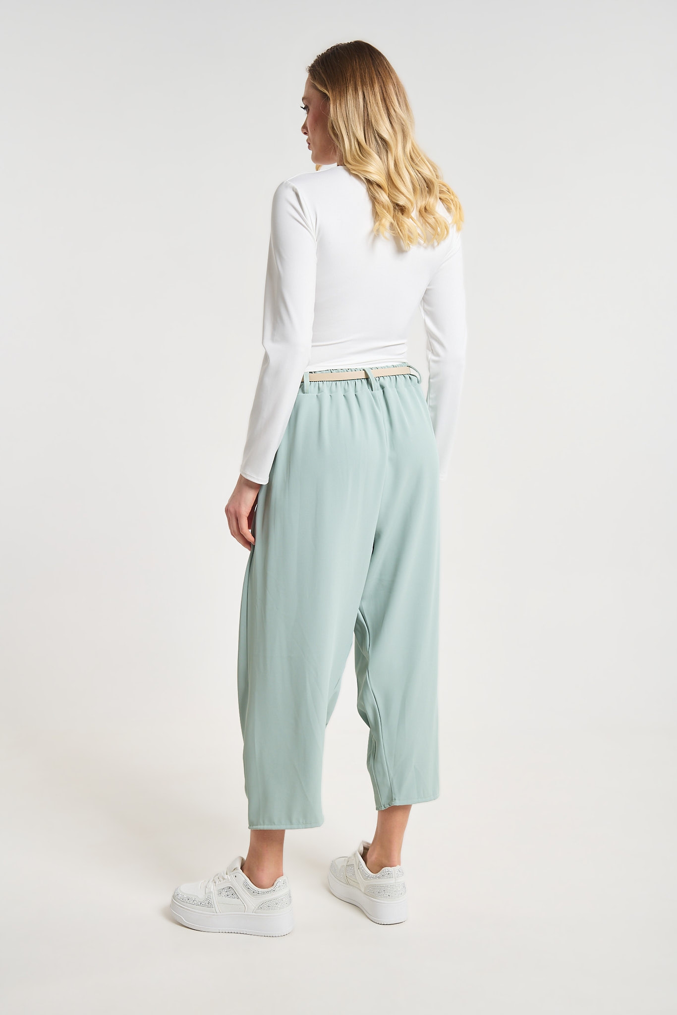 Women’s Beige Harem Pants with Belt & Asymmetric Front