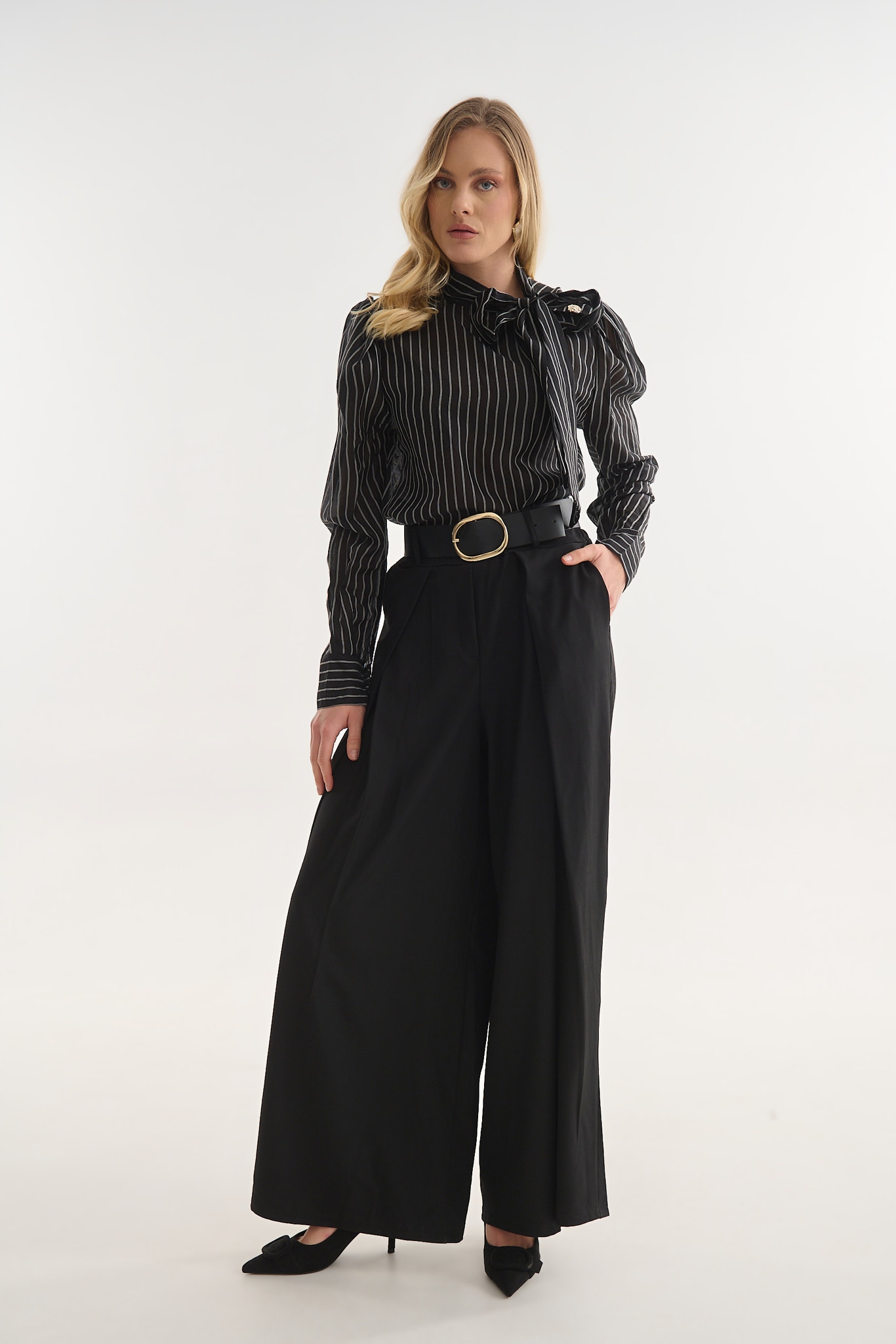 High Waist Pleated Trousers with Belt