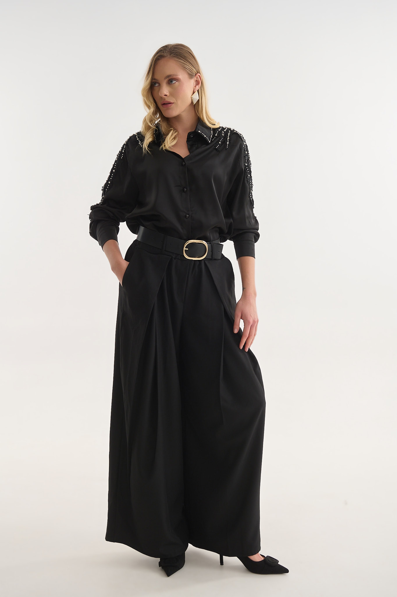 High Waist Pleated Trousers with Belt