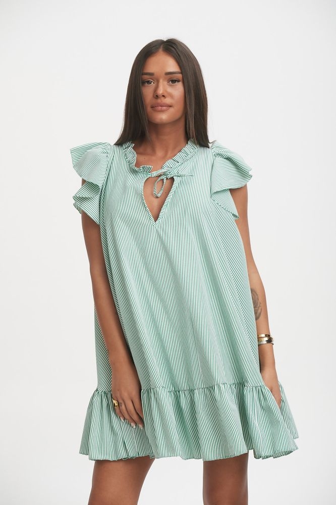 Ριγέ Φόρεμα Με Βολάν Στον Ώμο