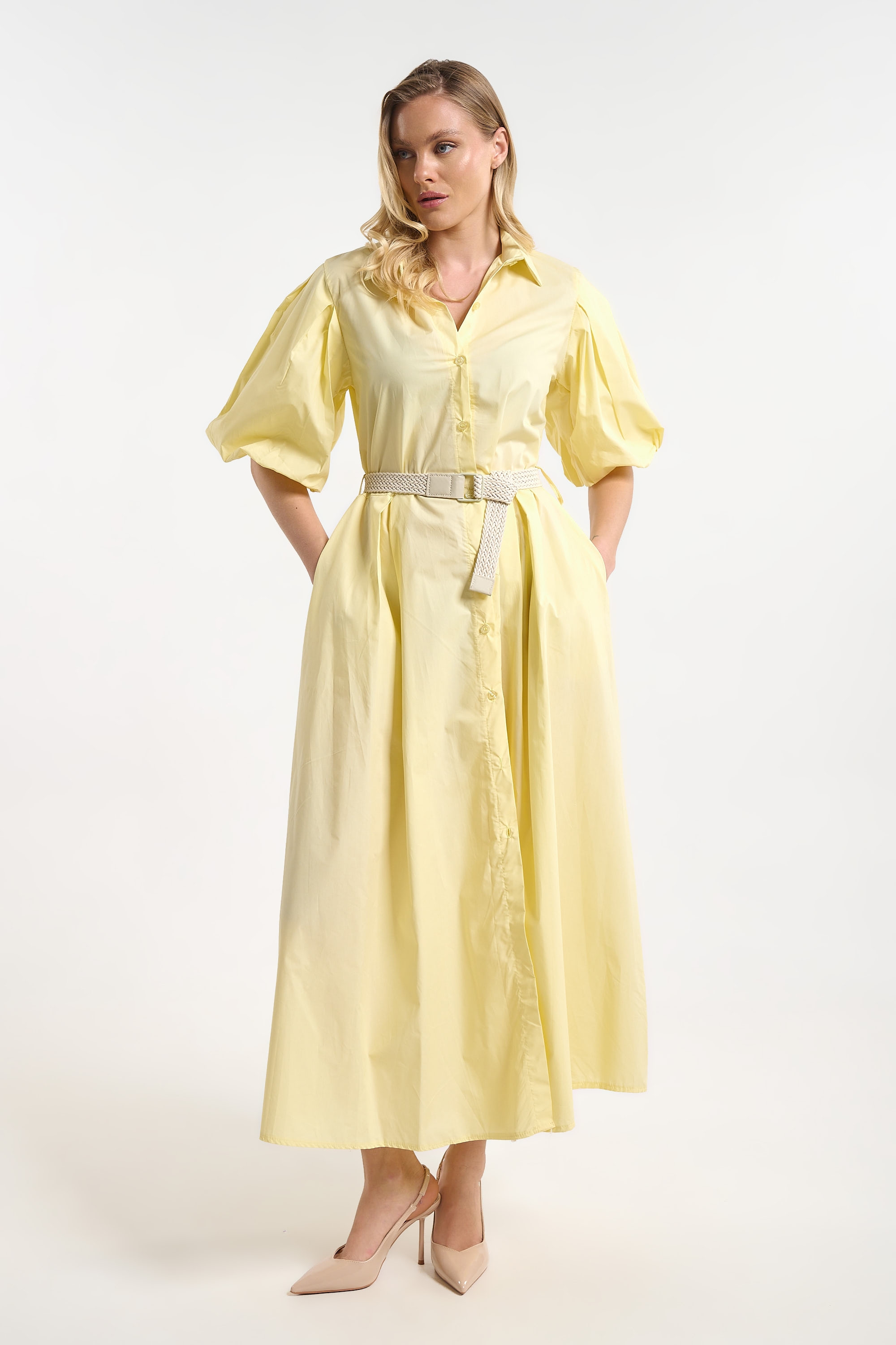 Poplin Dress with Straw Belt for Women