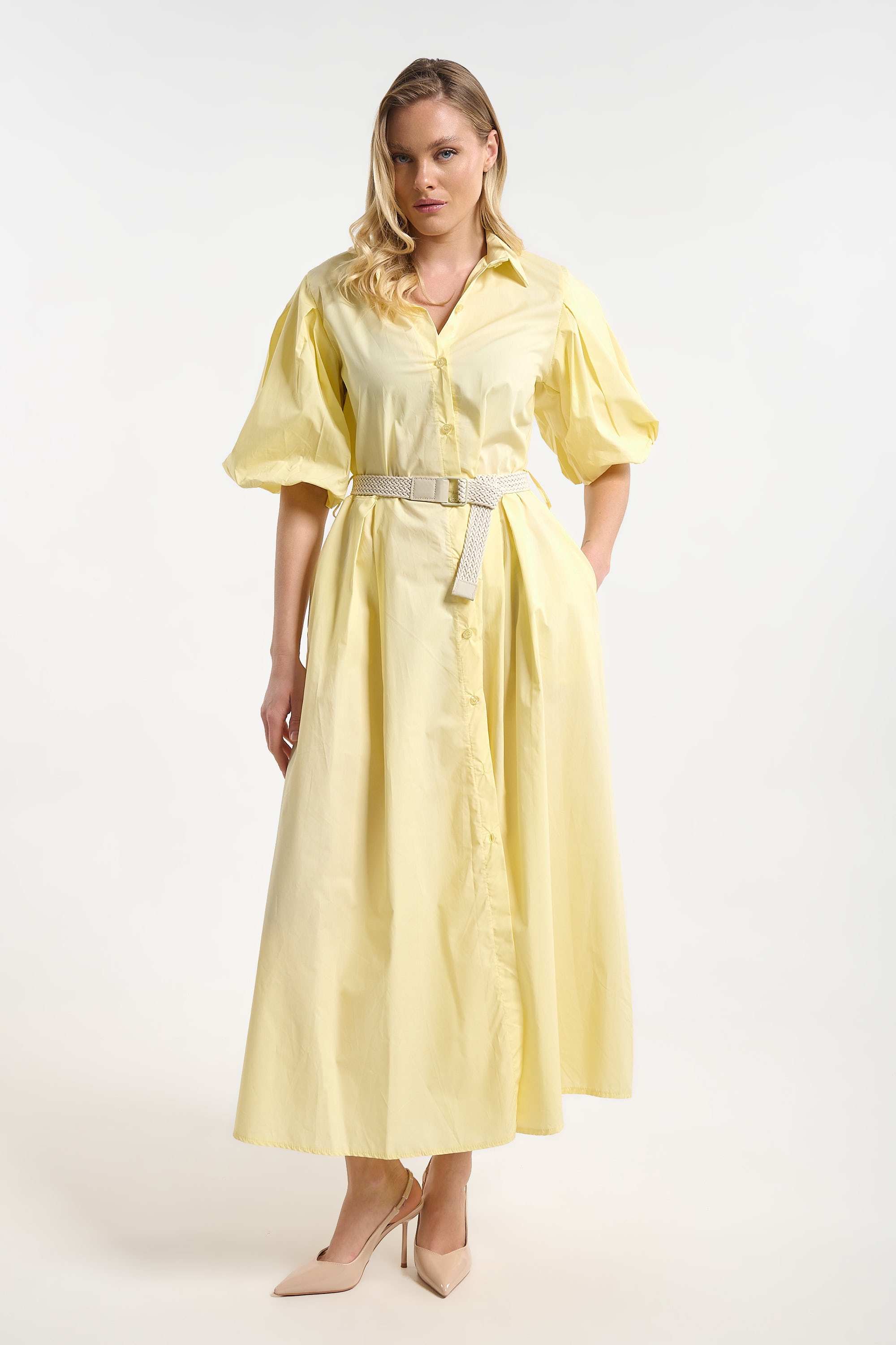 Poplin Dress with Straw Belt for Women