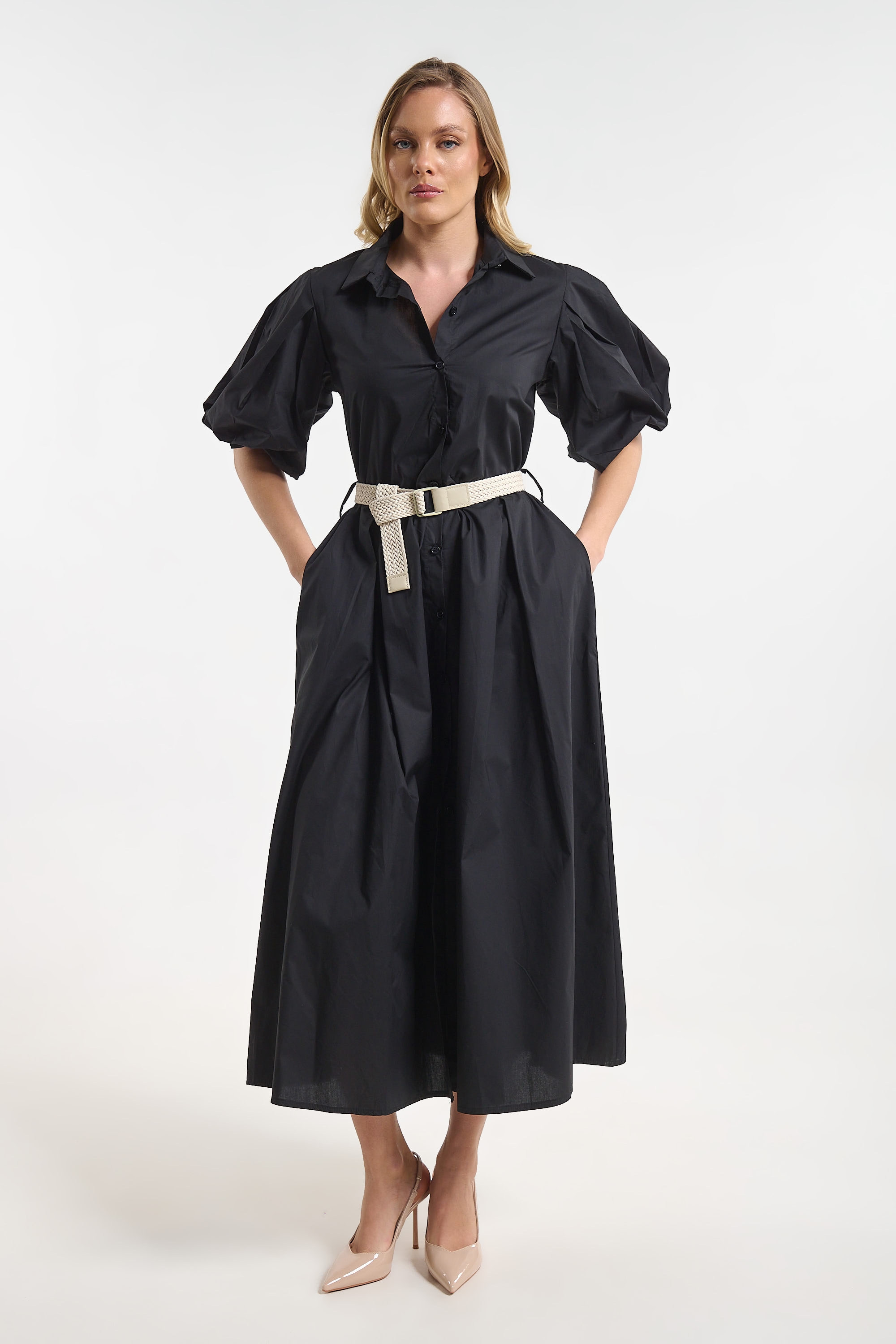 Poplin Dress with Straw Belt for Women