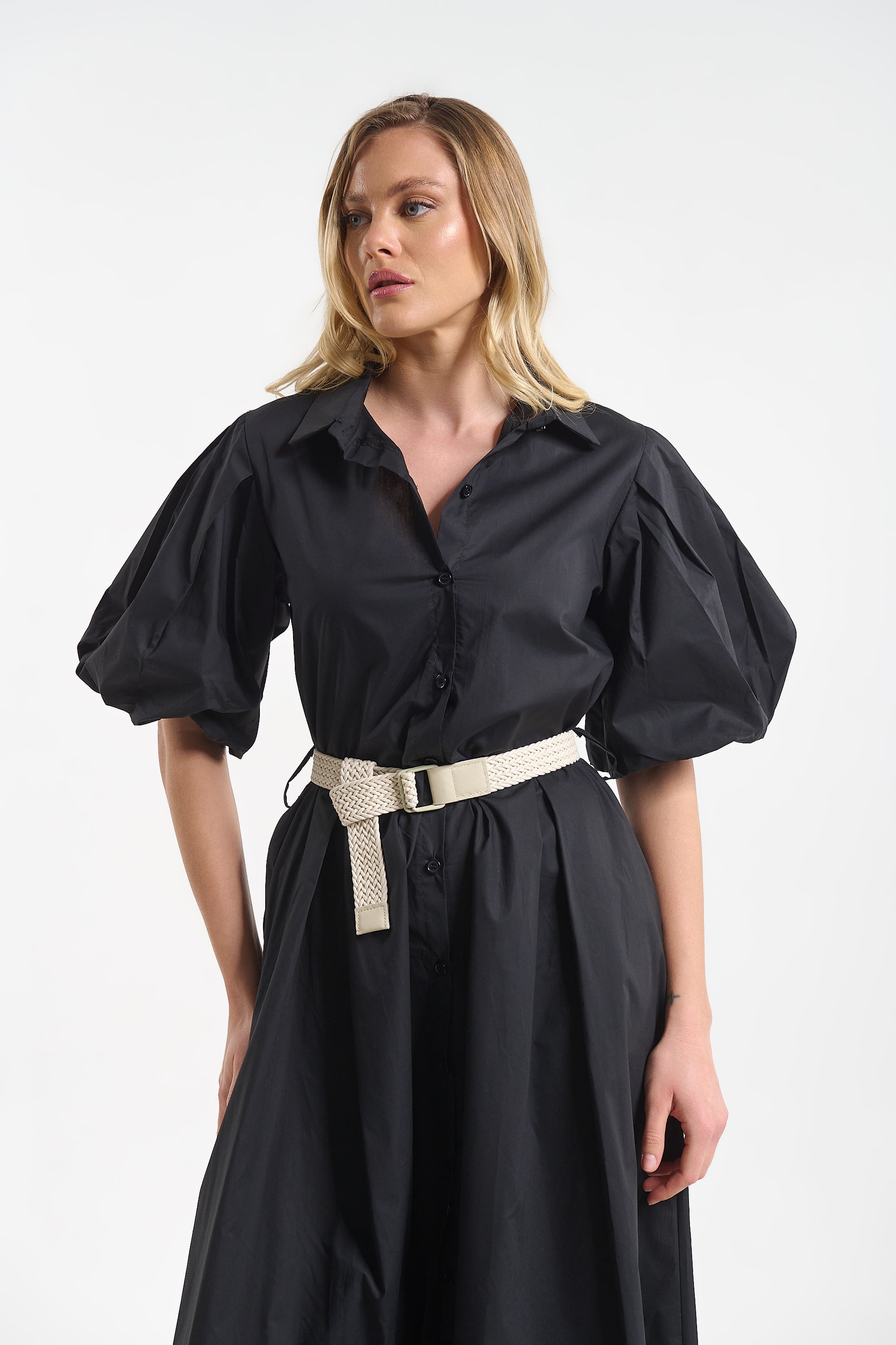 Poplin Dress with Straw Belt for Women