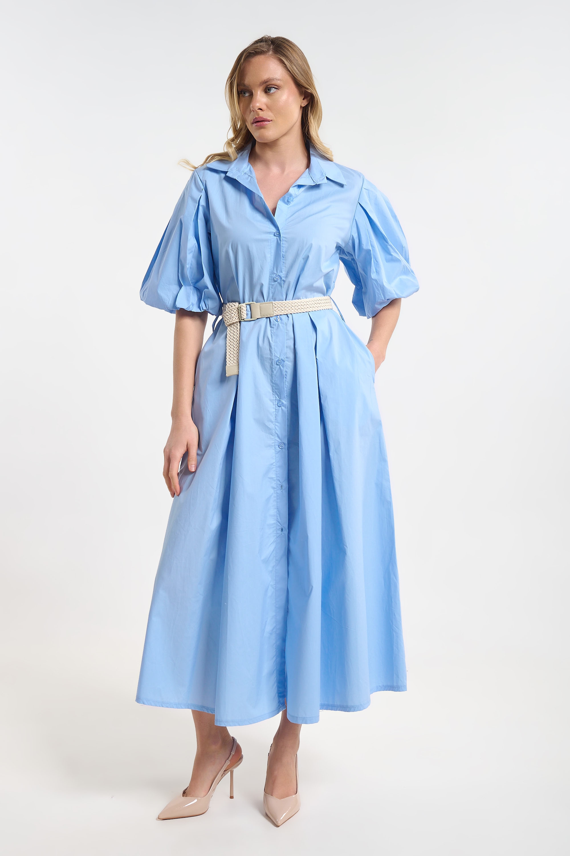 Poplin Dress with Straw Belt for Women