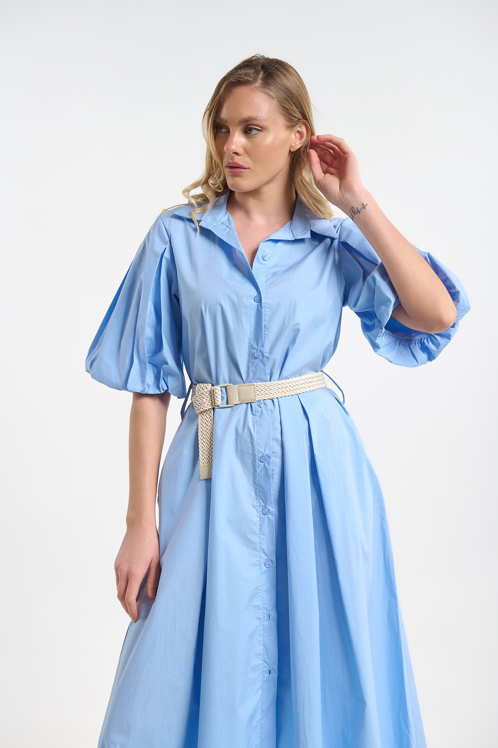 Poplin Dress with Straw Belt for Women