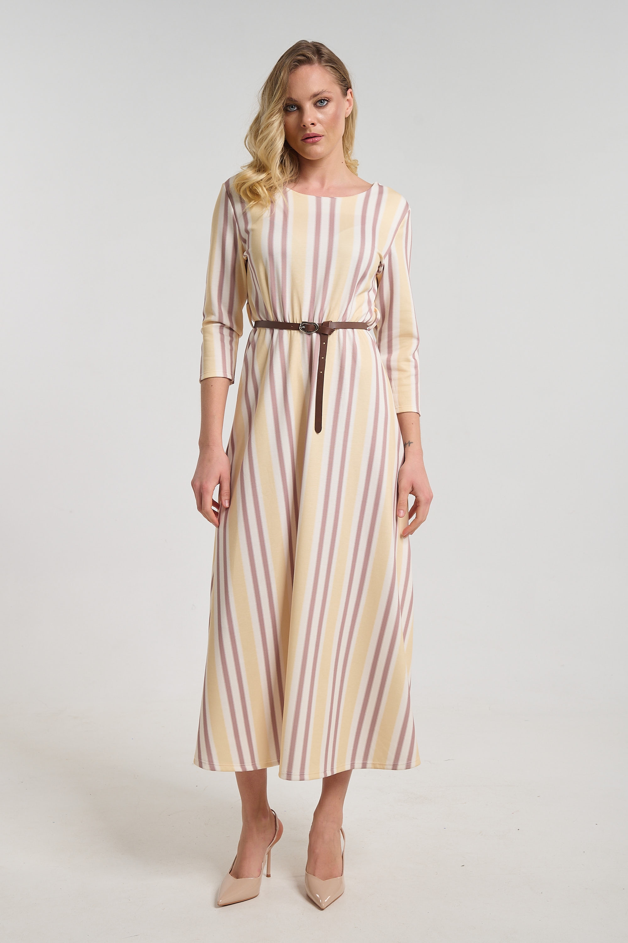 Striped Midi Dress for Women with 3/4 Sleeves