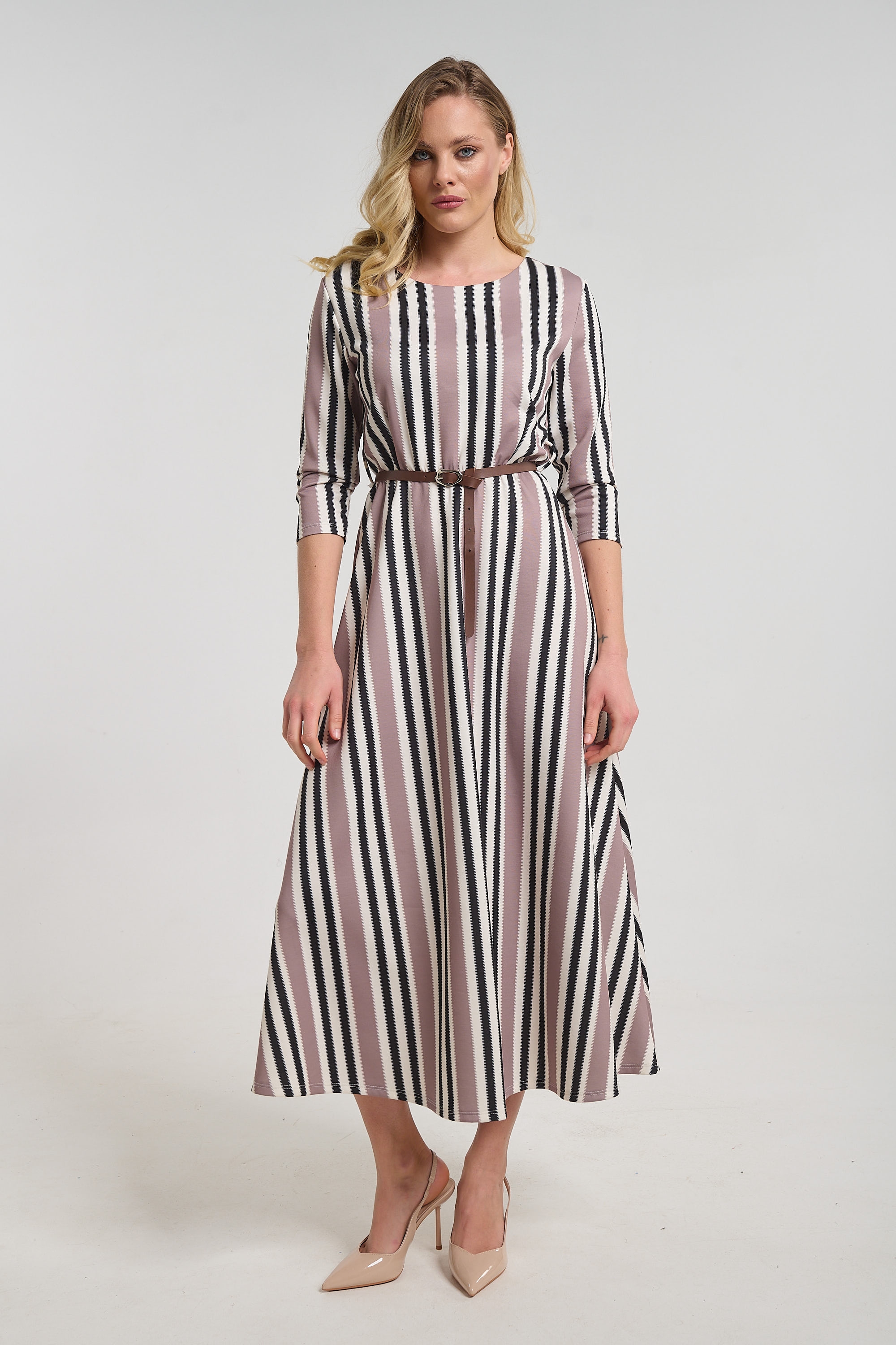 Striped Midi Dress for Women with 3/4 Sleeves