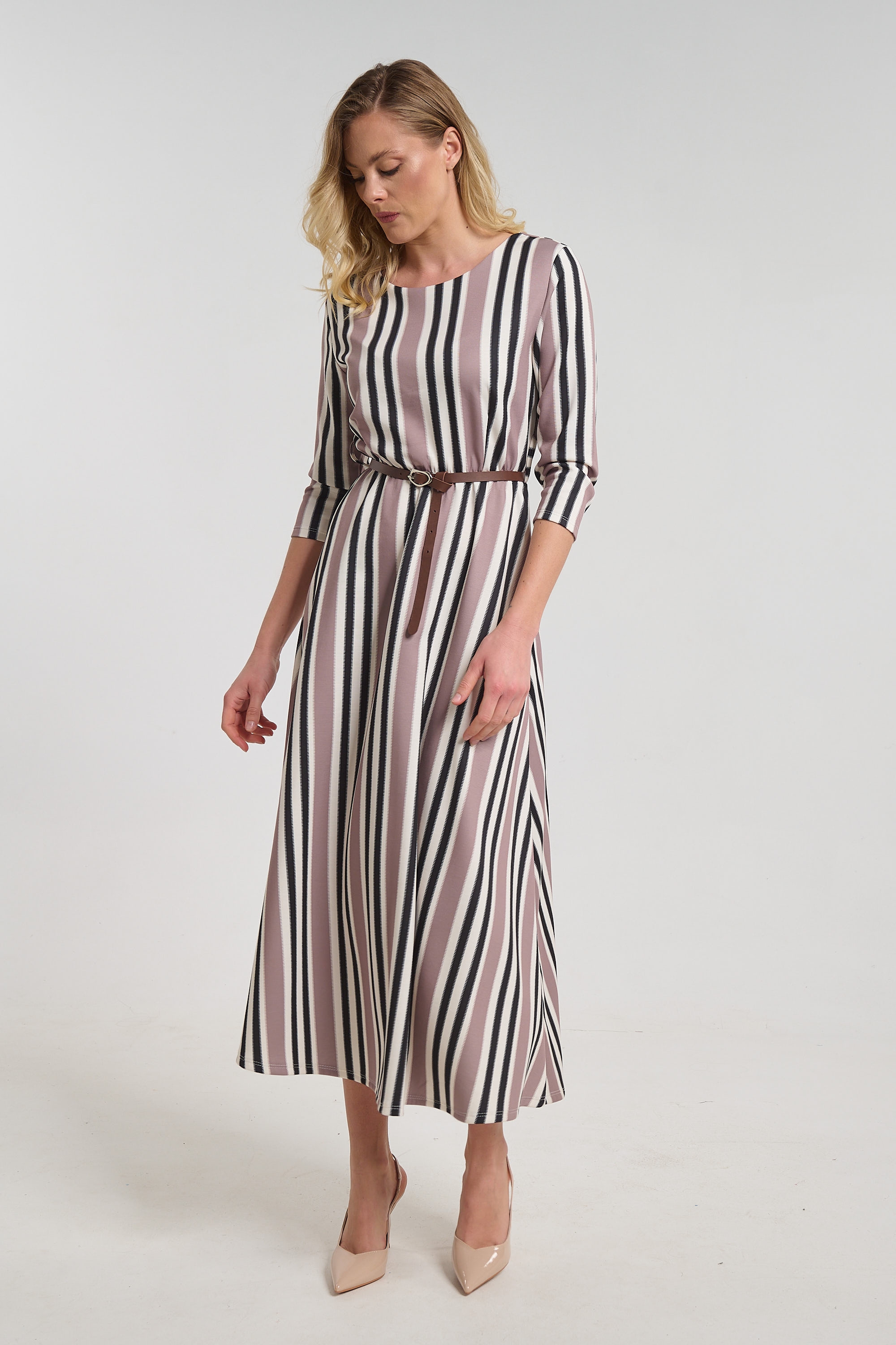 Striped Midi Dress for Women with 3/4 Sleeves