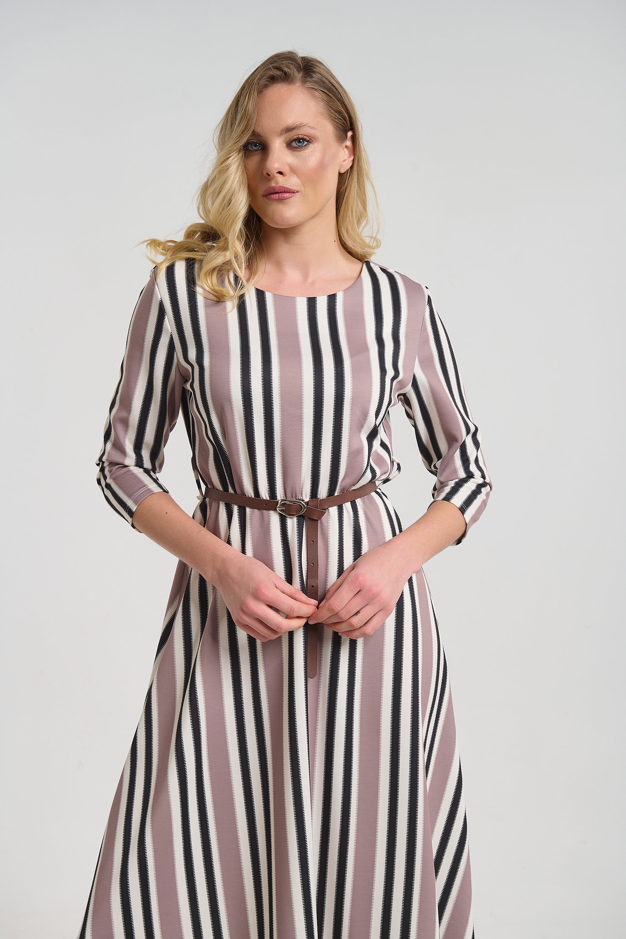 Striped Midi Dress for Women with 3/4 Sleeves