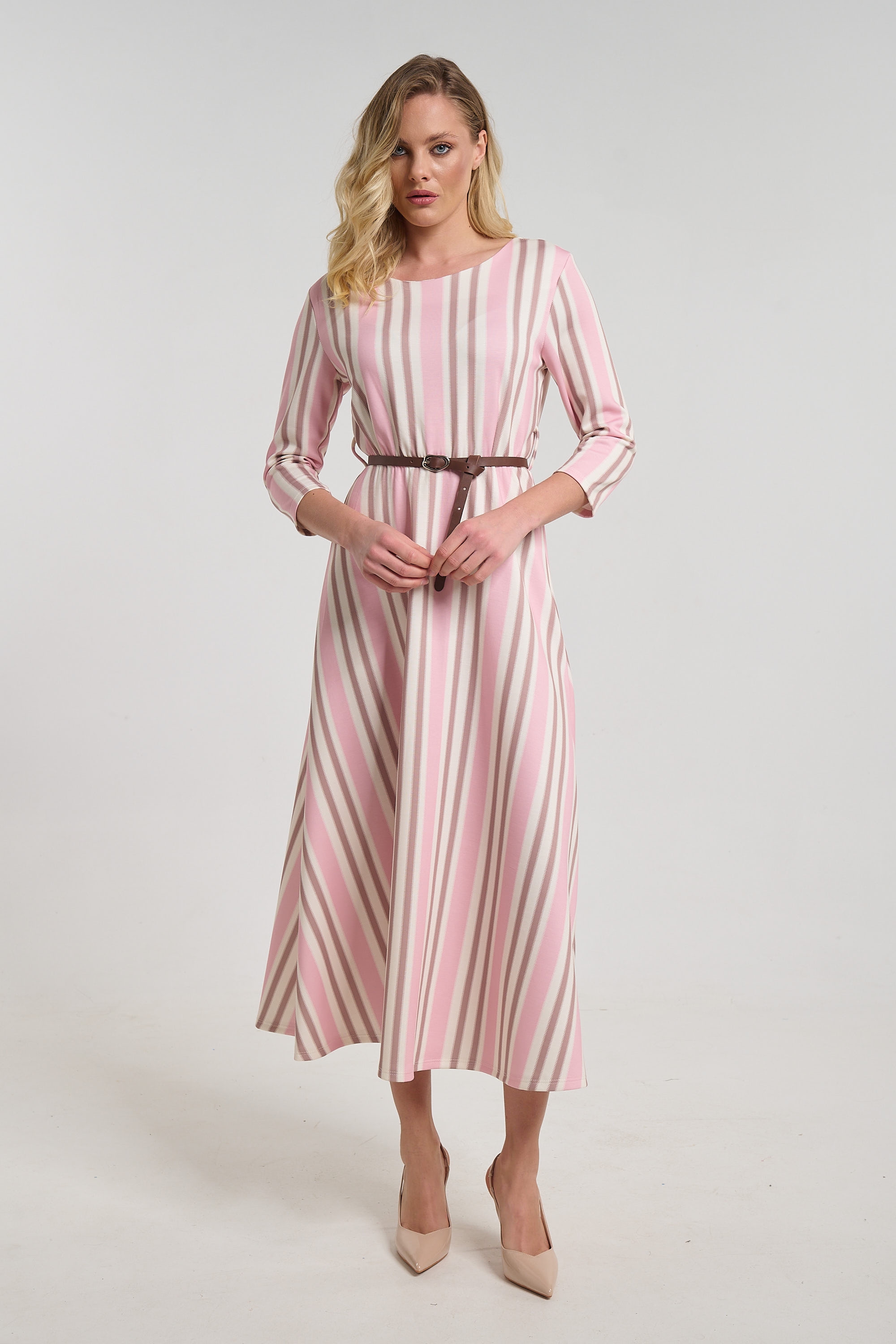 Striped Midi Dress for Women with 3/4 Sleeves
