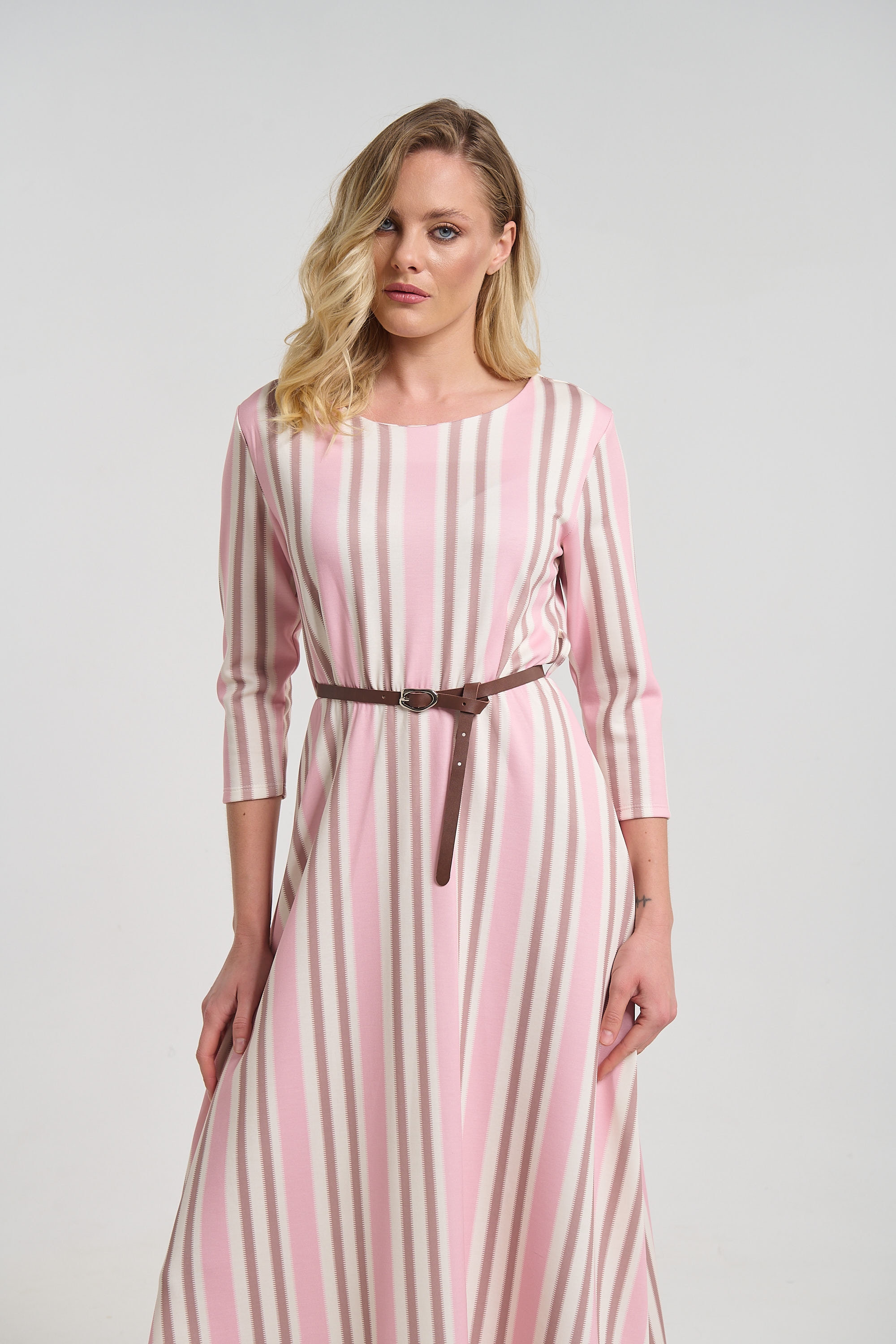 Striped Midi Dress for Women with 3/4 Sleeves