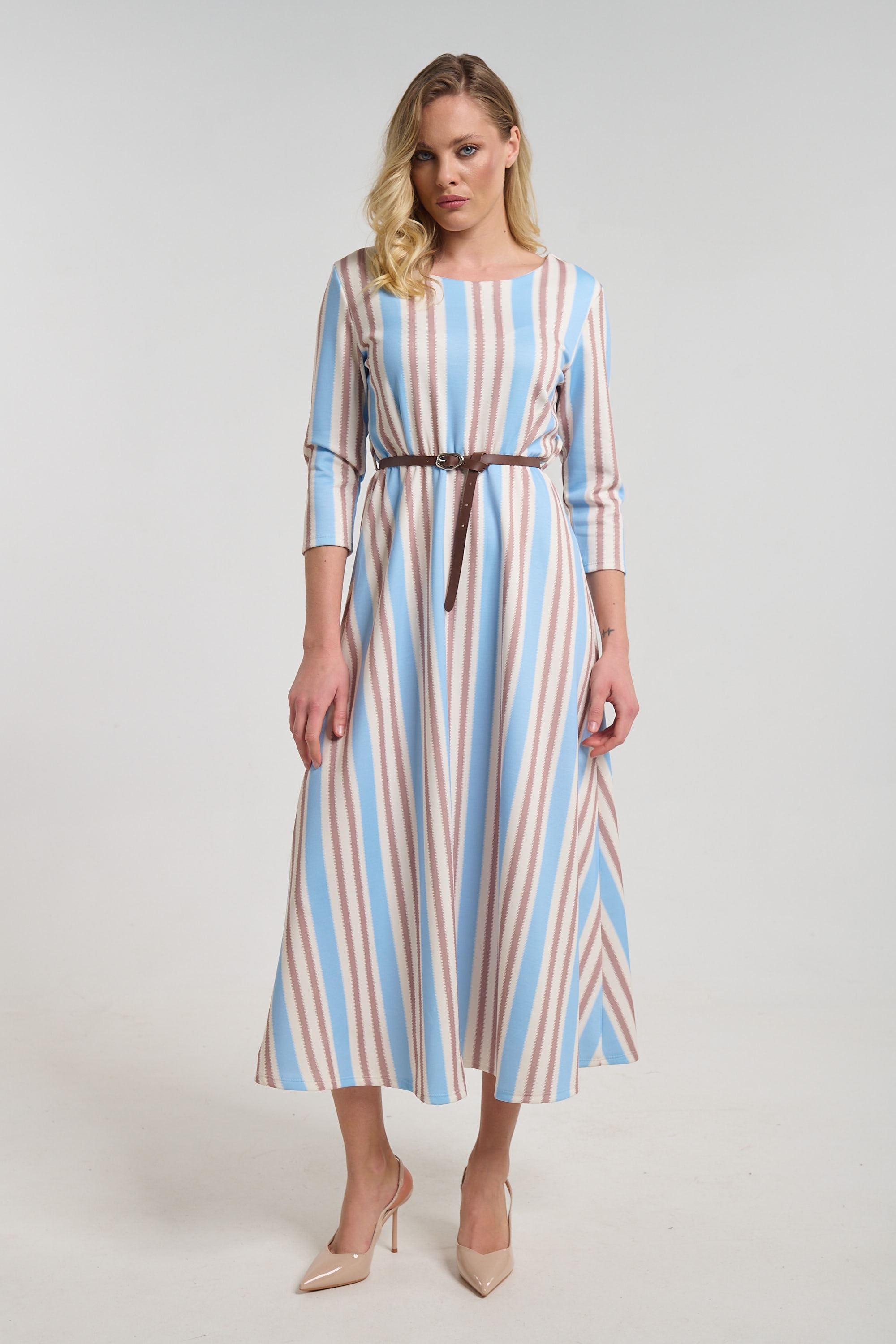Striped Midi Dress for Women with 3/4 Sleeves