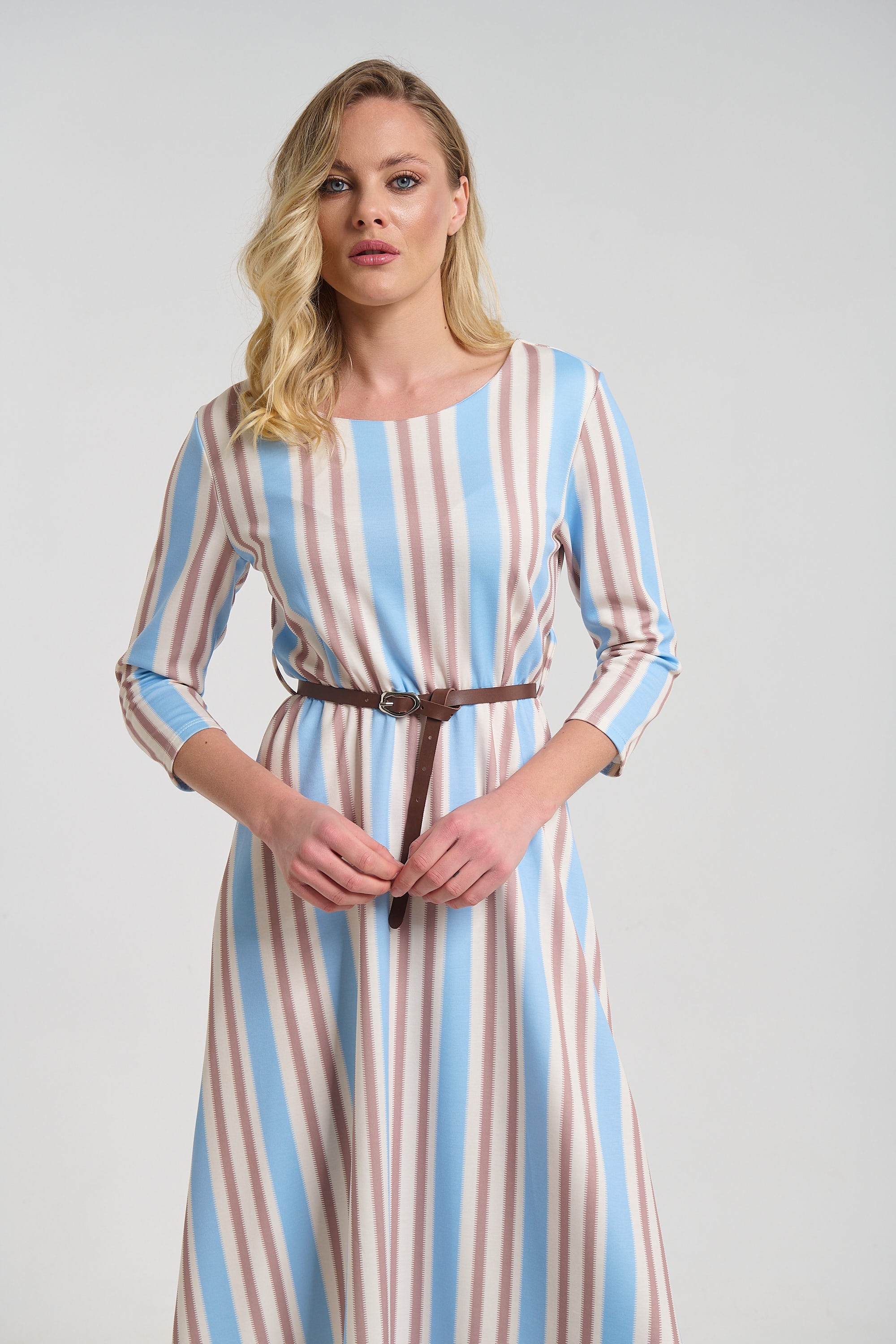 Striped Midi Dress for Women with 3/4 Sleeves