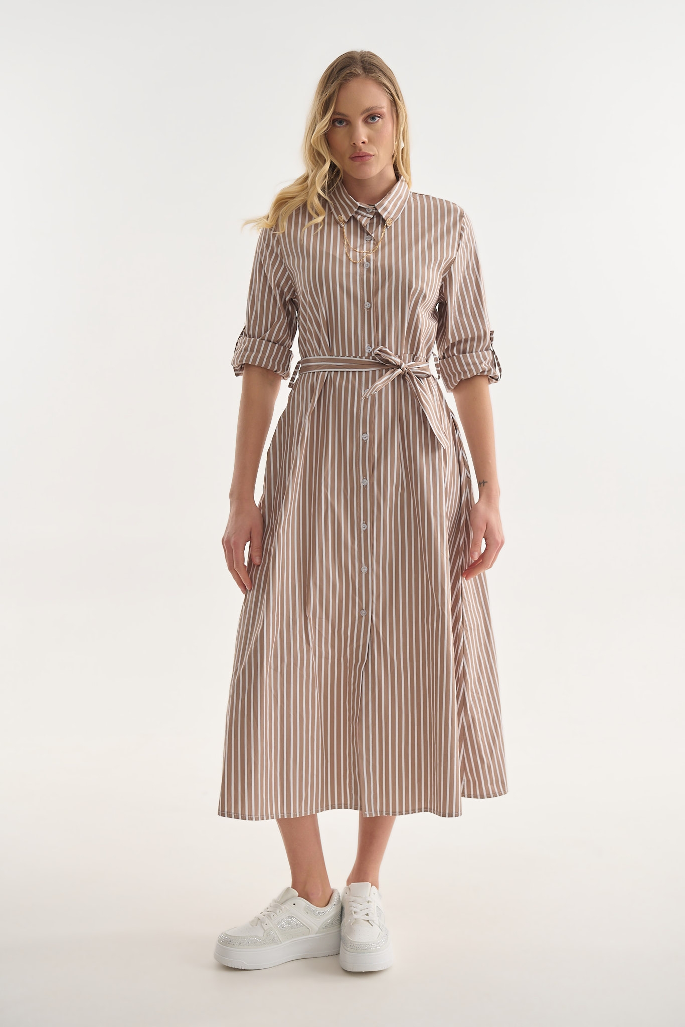 Striped Shirt Dress with Chain Detail