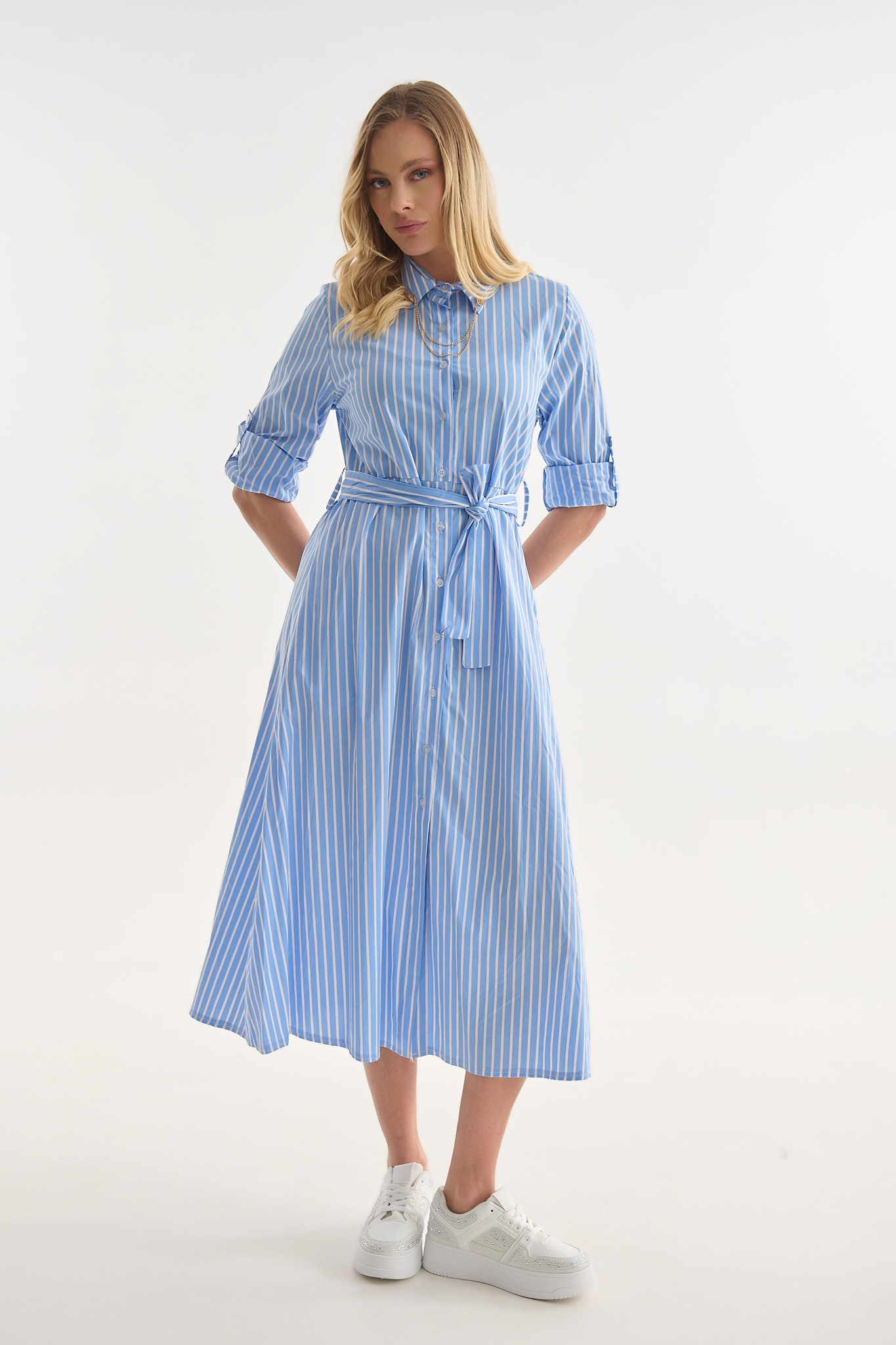 Striped Shirt Dress with Chain Detail