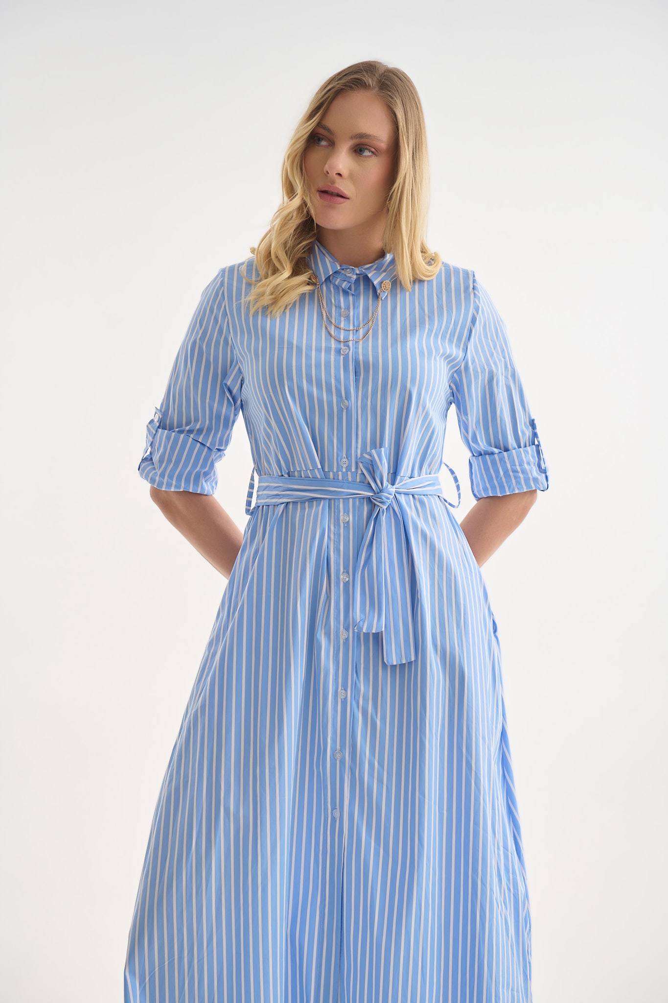 Striped Shirt Dress with Chain Detail