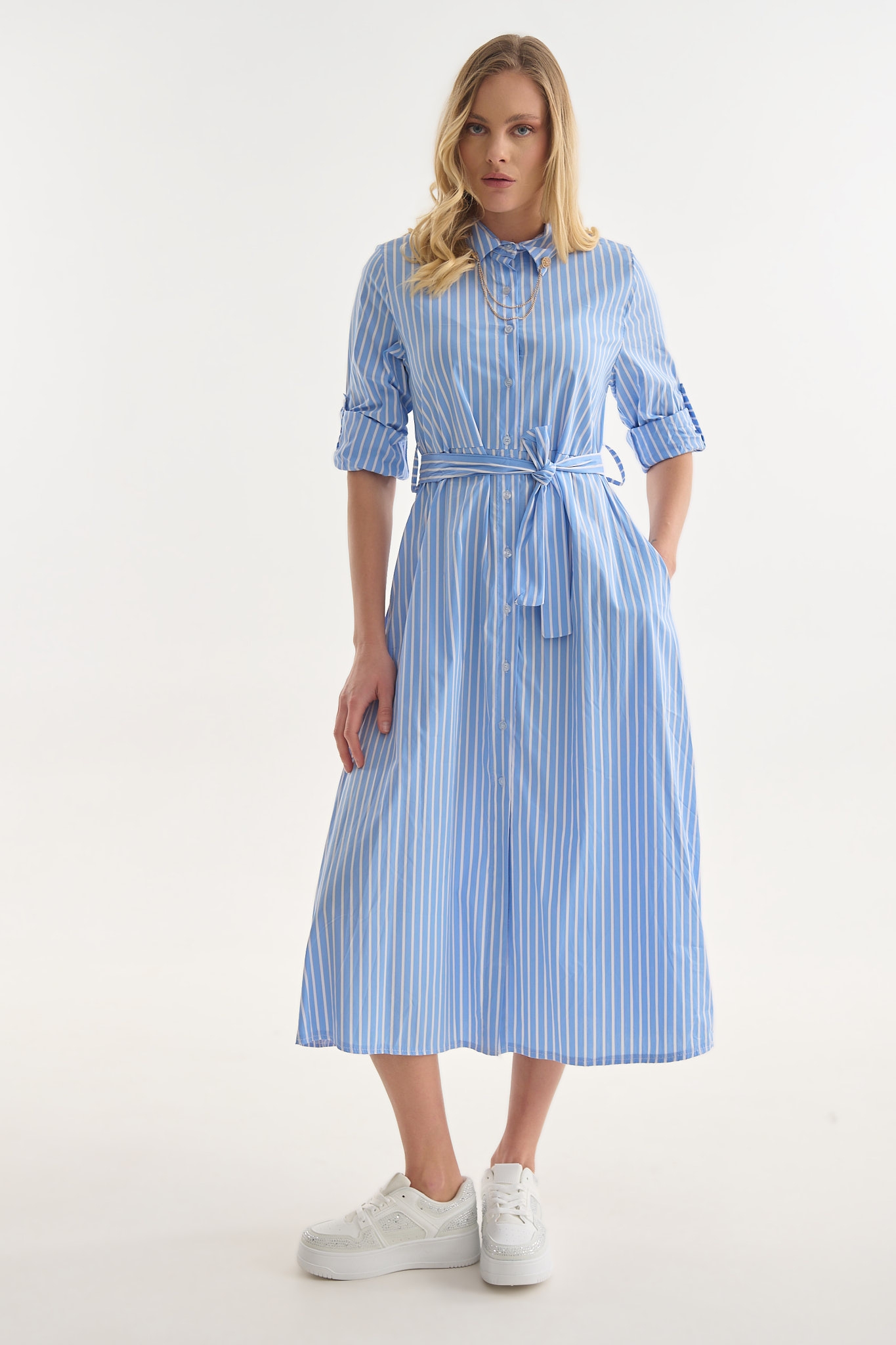 Striped Shirt Dress with Chain Detail