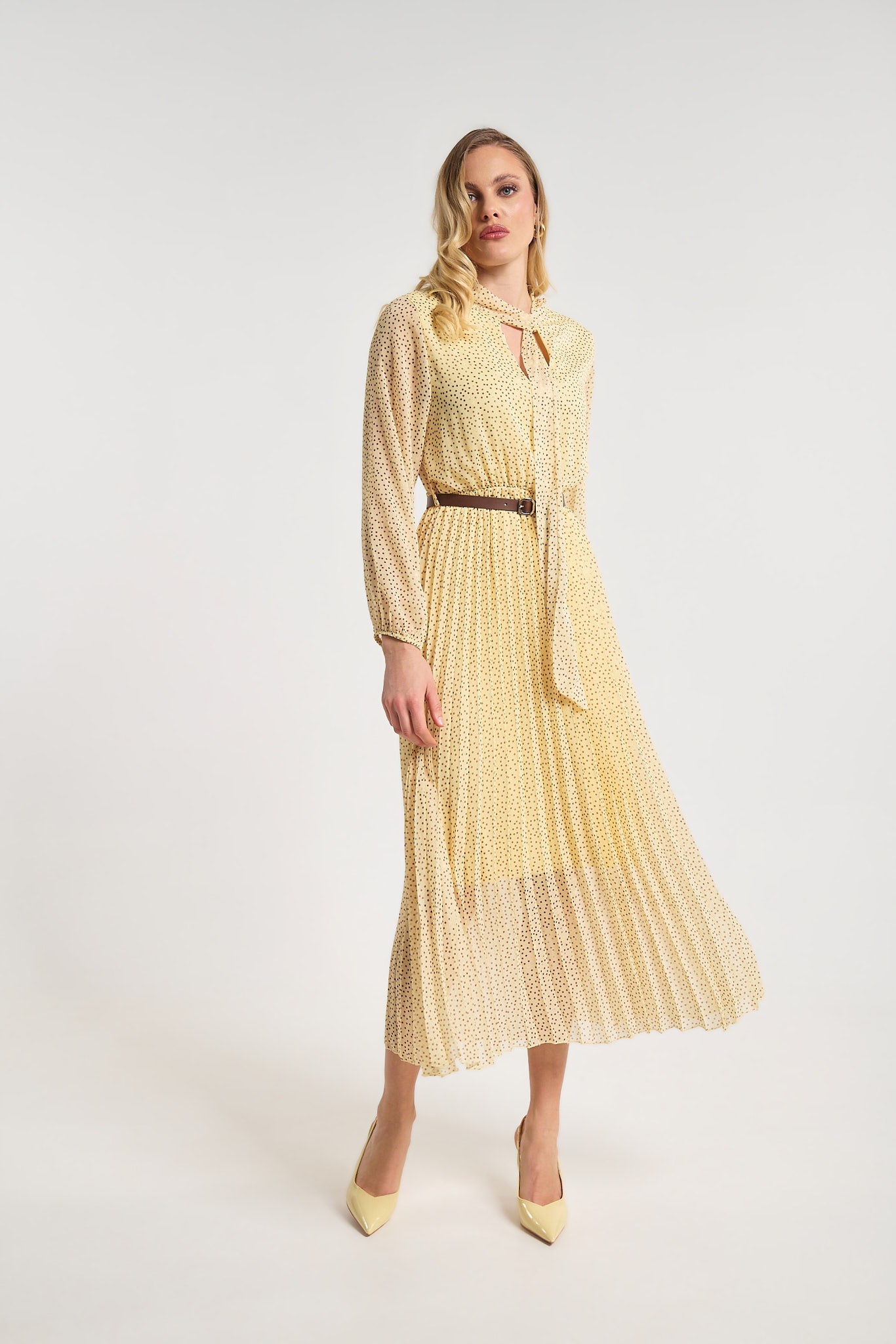Polka Dot Pleated Midi Dress with Belt