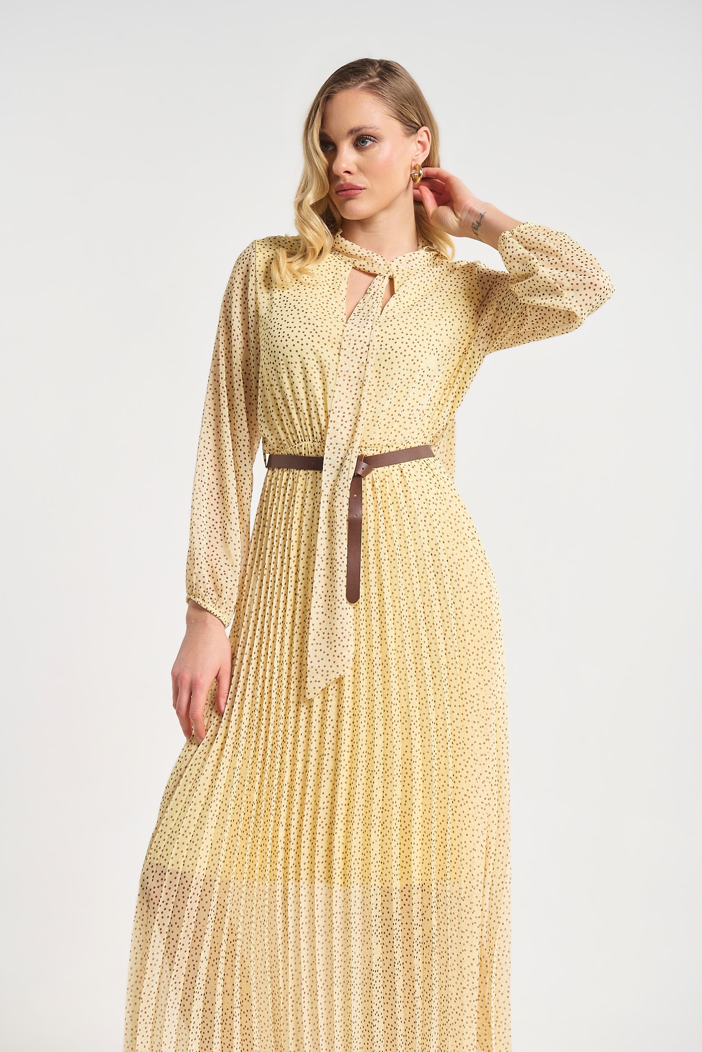 Polka Dot Pleated Midi Dress with Belt