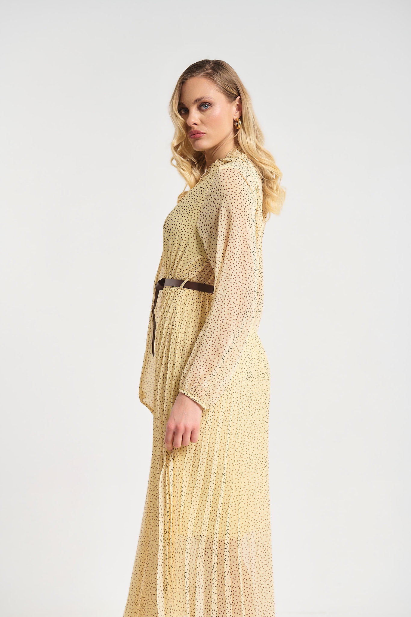 Polka Dot Pleated Midi Dress with Belt