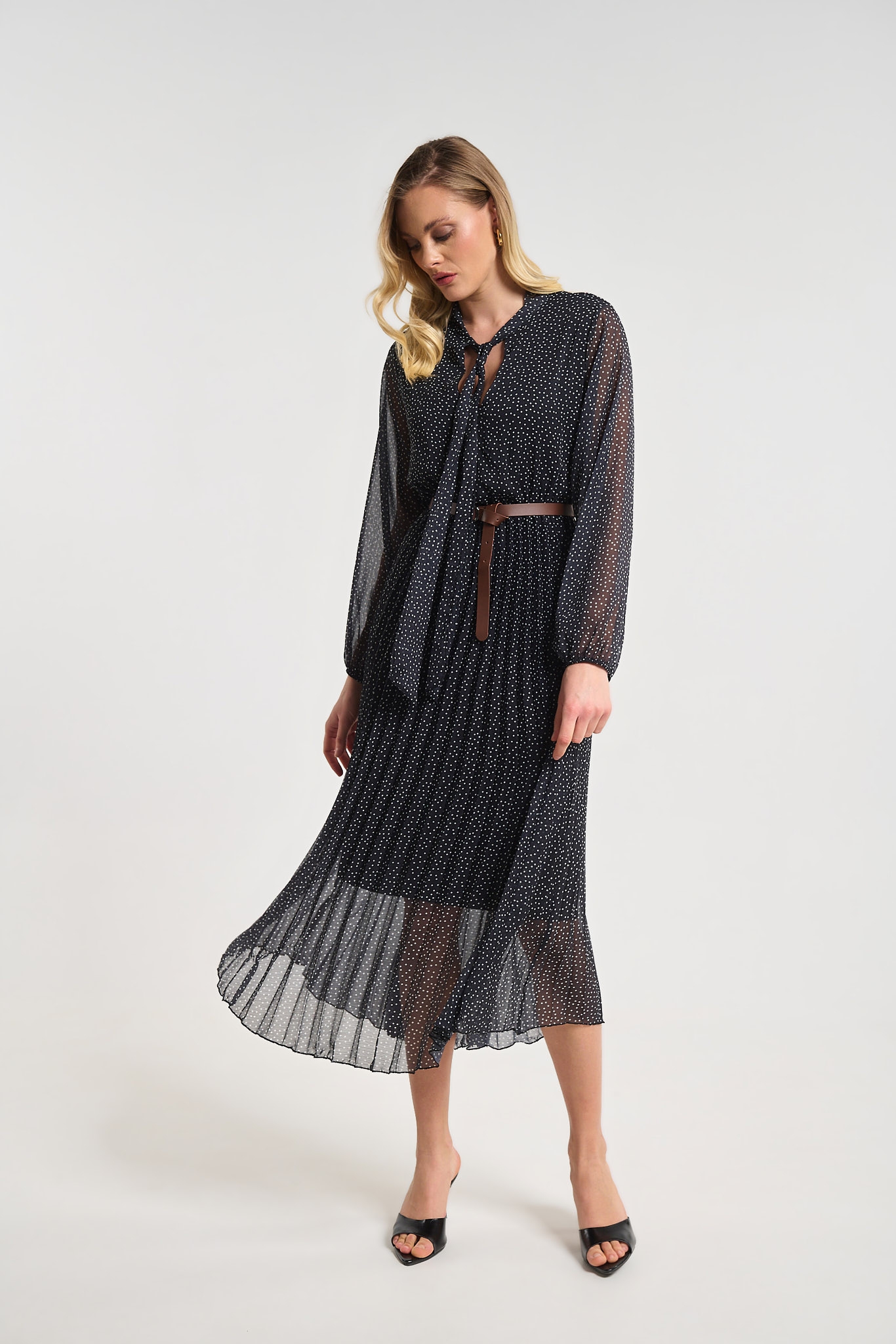 Polka Dot Pleated Midi Dress with Belt