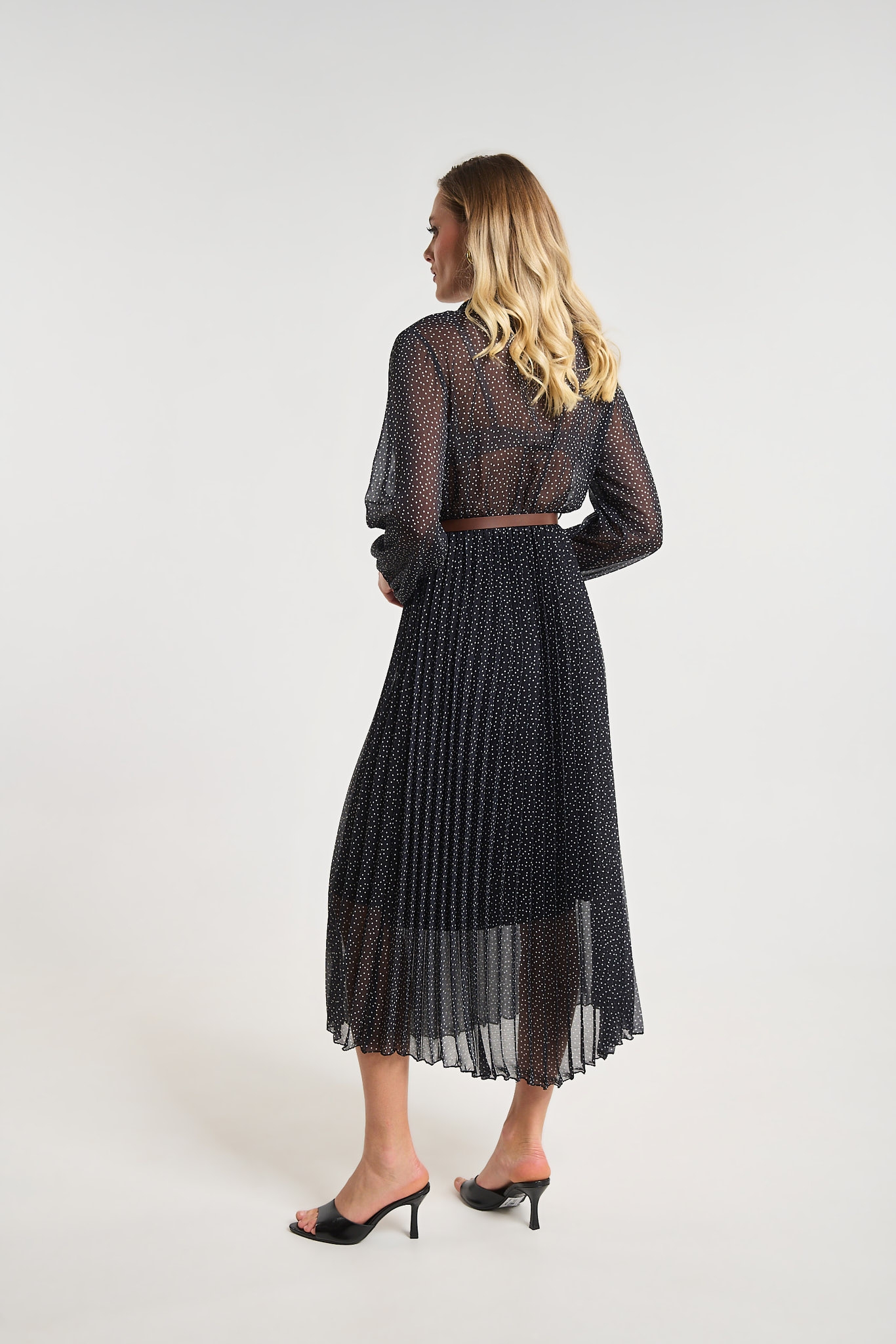 Polka Dot Pleated Midi Dress with Belt