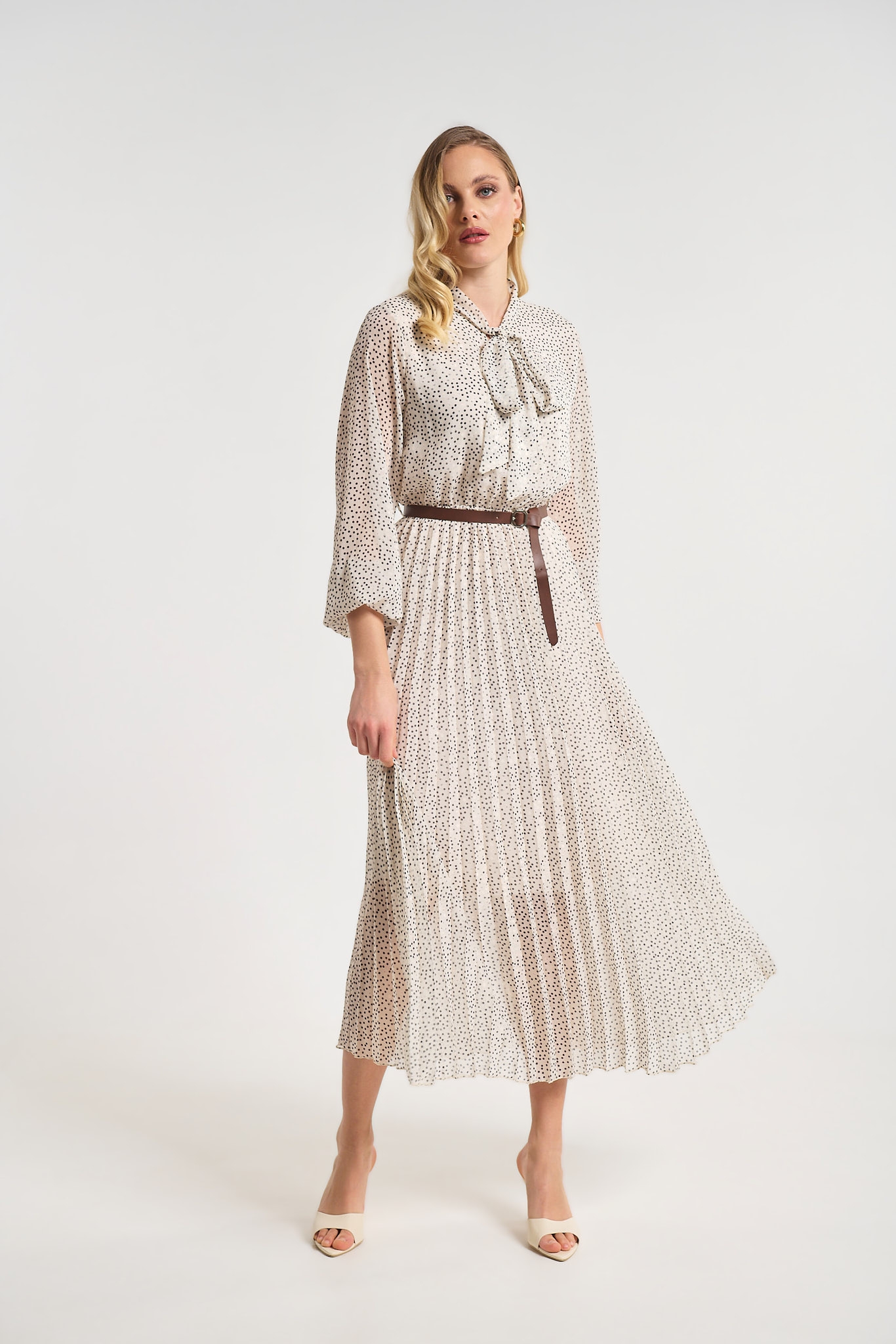 Polka Dot Pleated Midi Dress with Belt