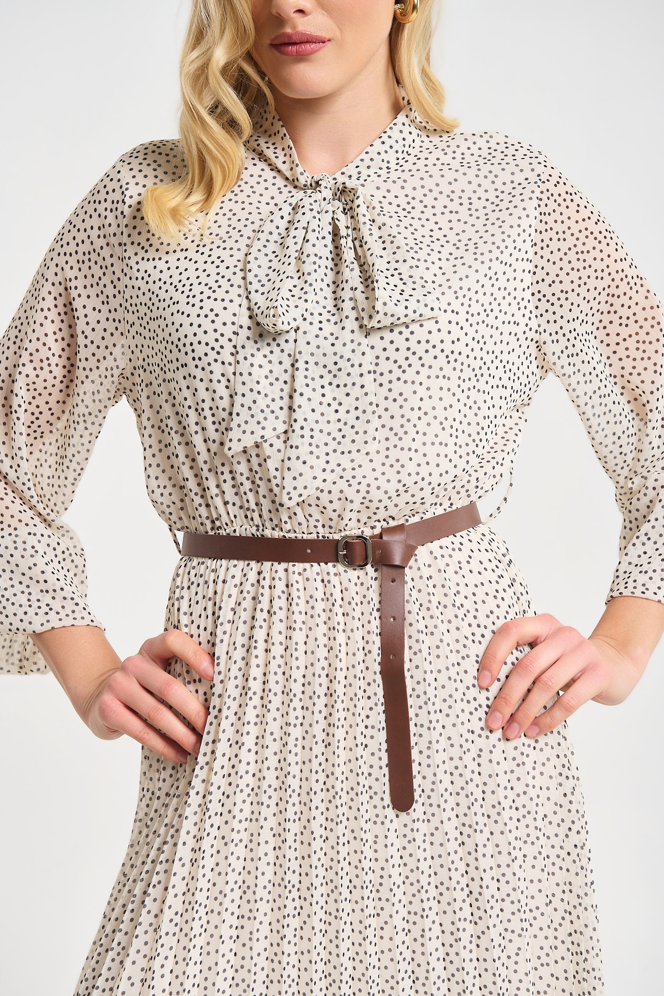 Polka Dot Pleated Midi Dress with Belt