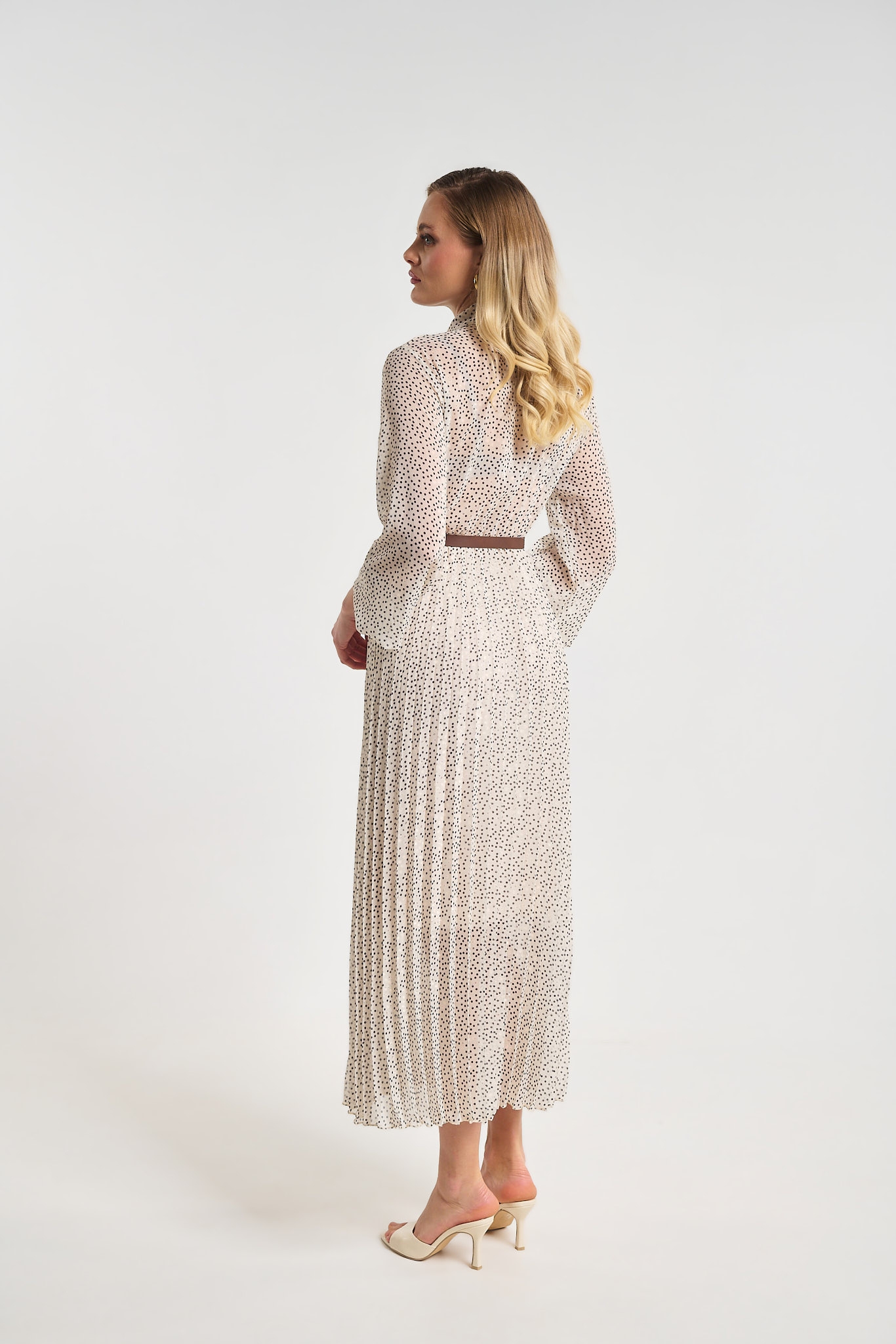 Polka Dot Pleated Midi Dress with Belt