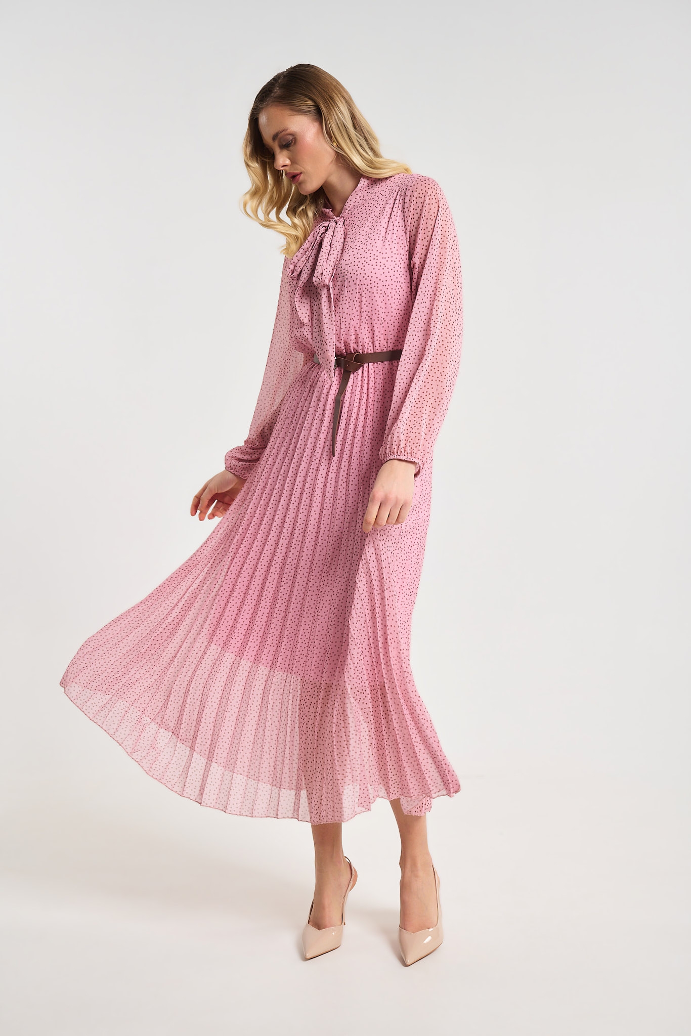 Polka Dot Pleated Midi Dress with Belt