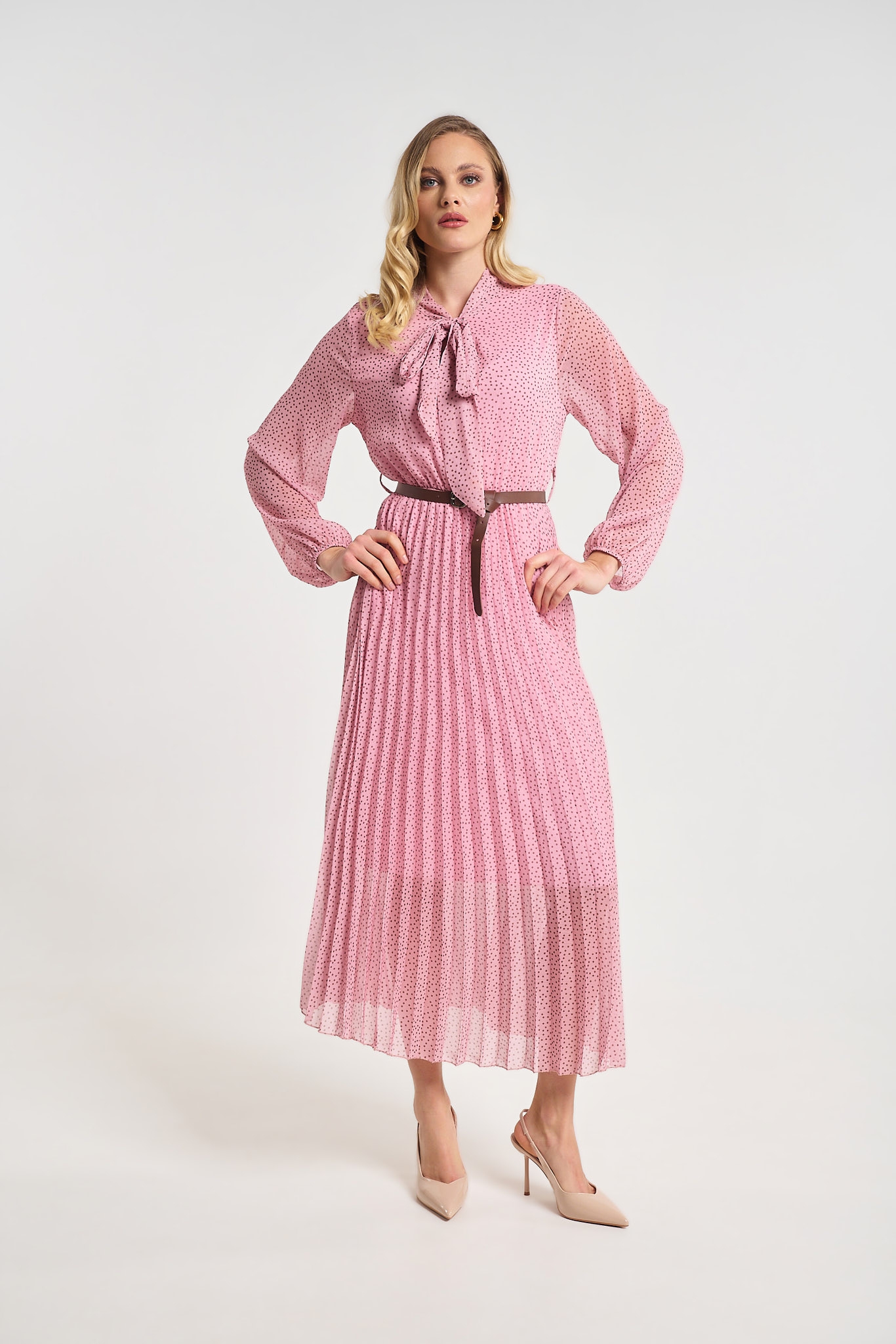 Polka Dot Pleated Midi Dress with Belt