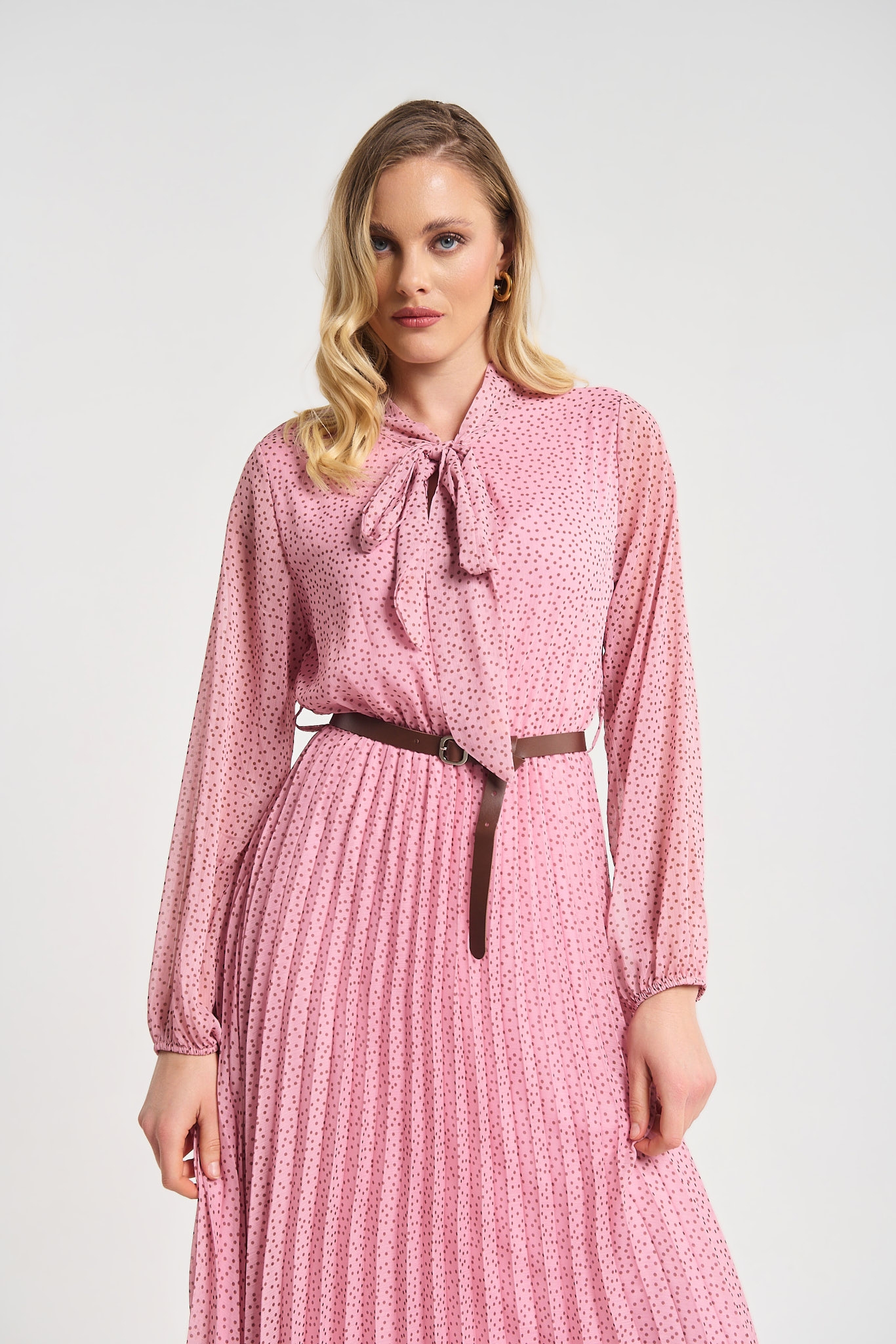 Polka Dot Pleated Midi Dress with Belt