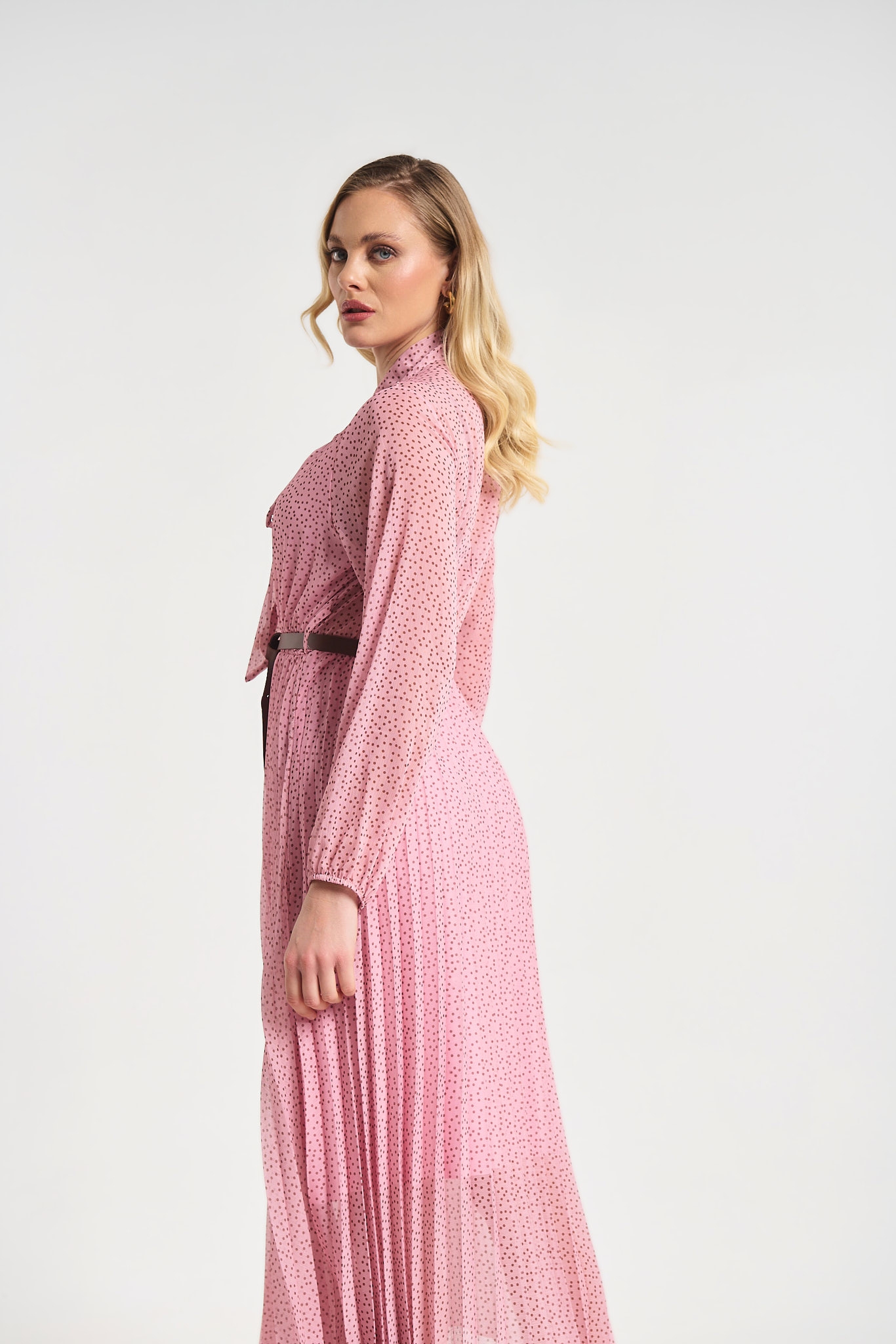 Polka Dot Pleated Midi Dress with Belt