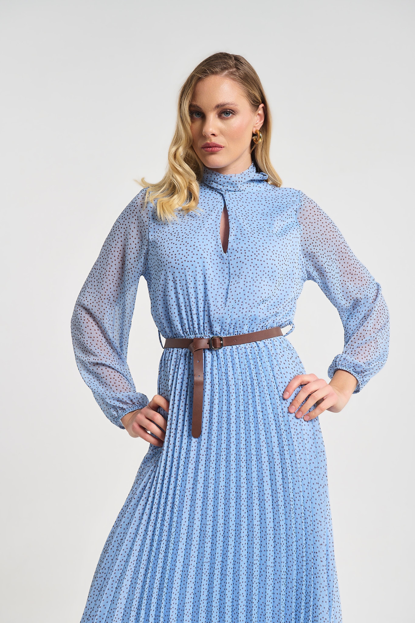 Polka Dot Pleated Midi Dress with Belt